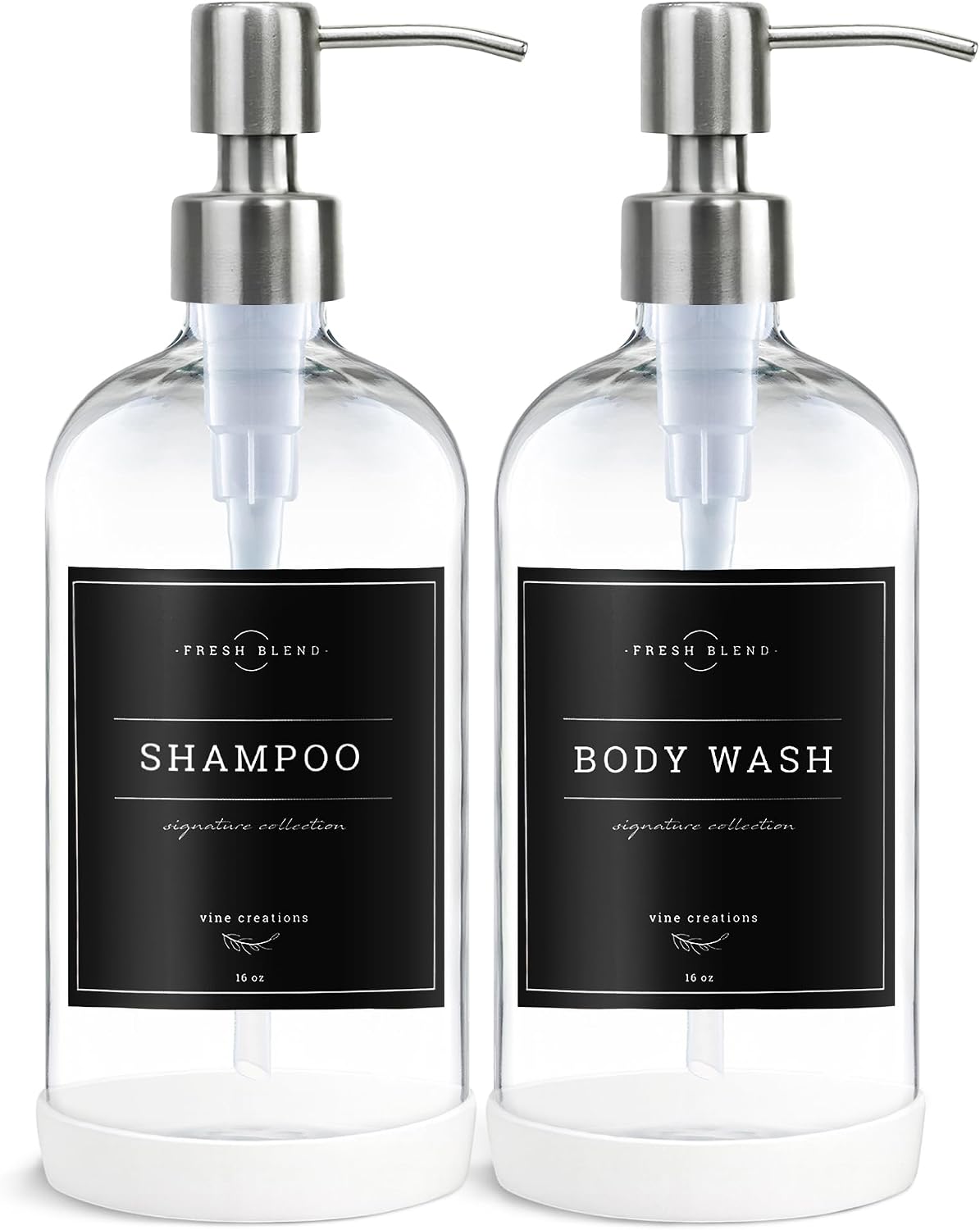 Vine Creations Clear Glass Soap Dispenser, 2 Pack Kitchen Soap Dispenser Set with Stainless Steel Pump, 16 oz Hand Soap