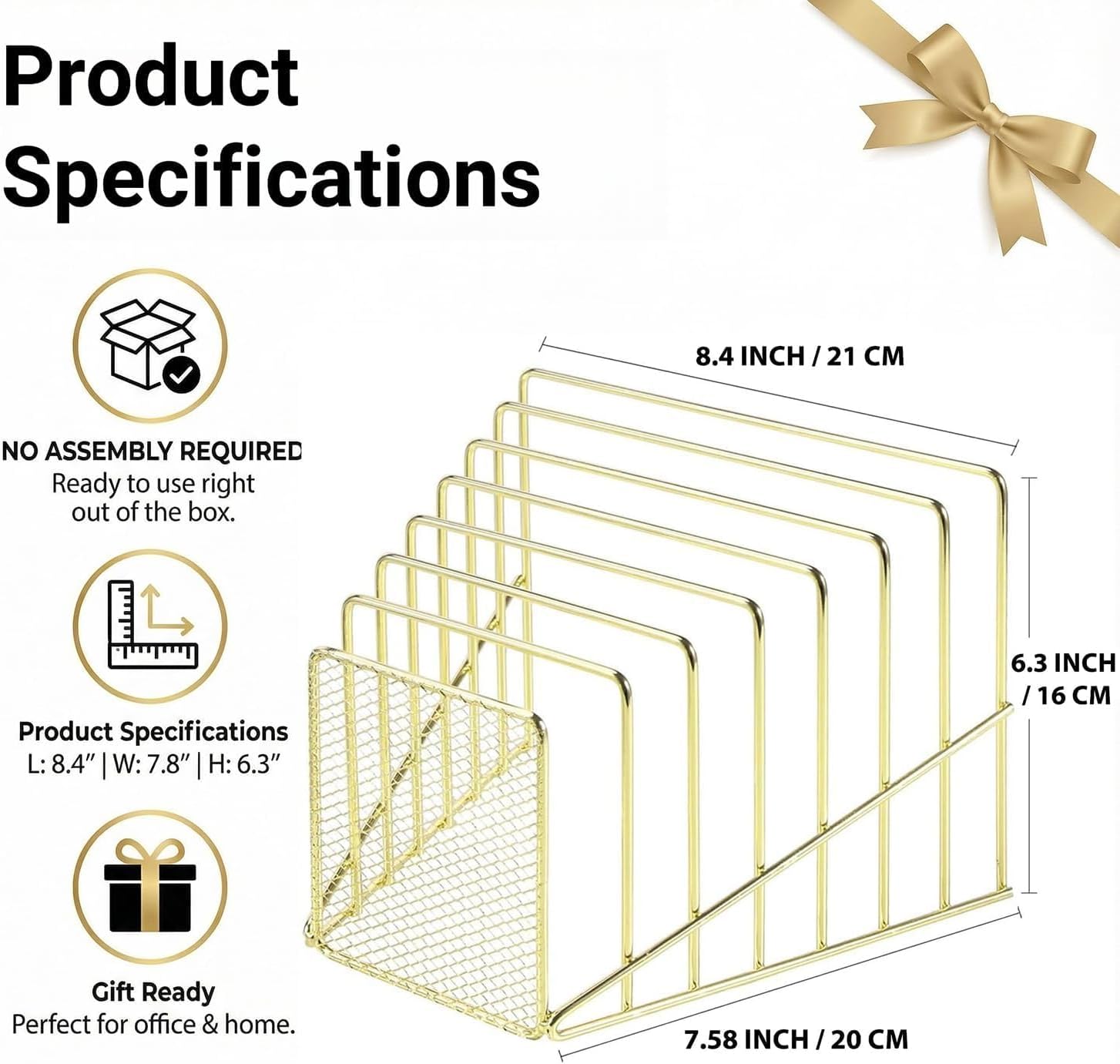 Gold Desk Organizer 7 Slot Inclined Vertical File Folder Holder Sorter with Mesh Front Metal Wire Rack for Mail, Slim