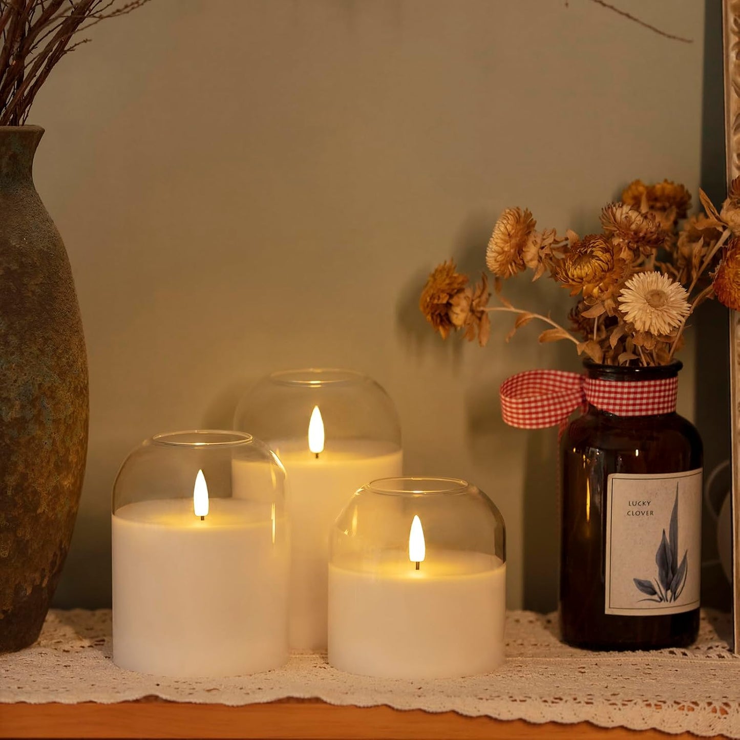 volnyus Clear Glass Flameless Candles with Remote Battery Operated Flickering LED Pillar Candles Real Wax Wick Φ 3" H