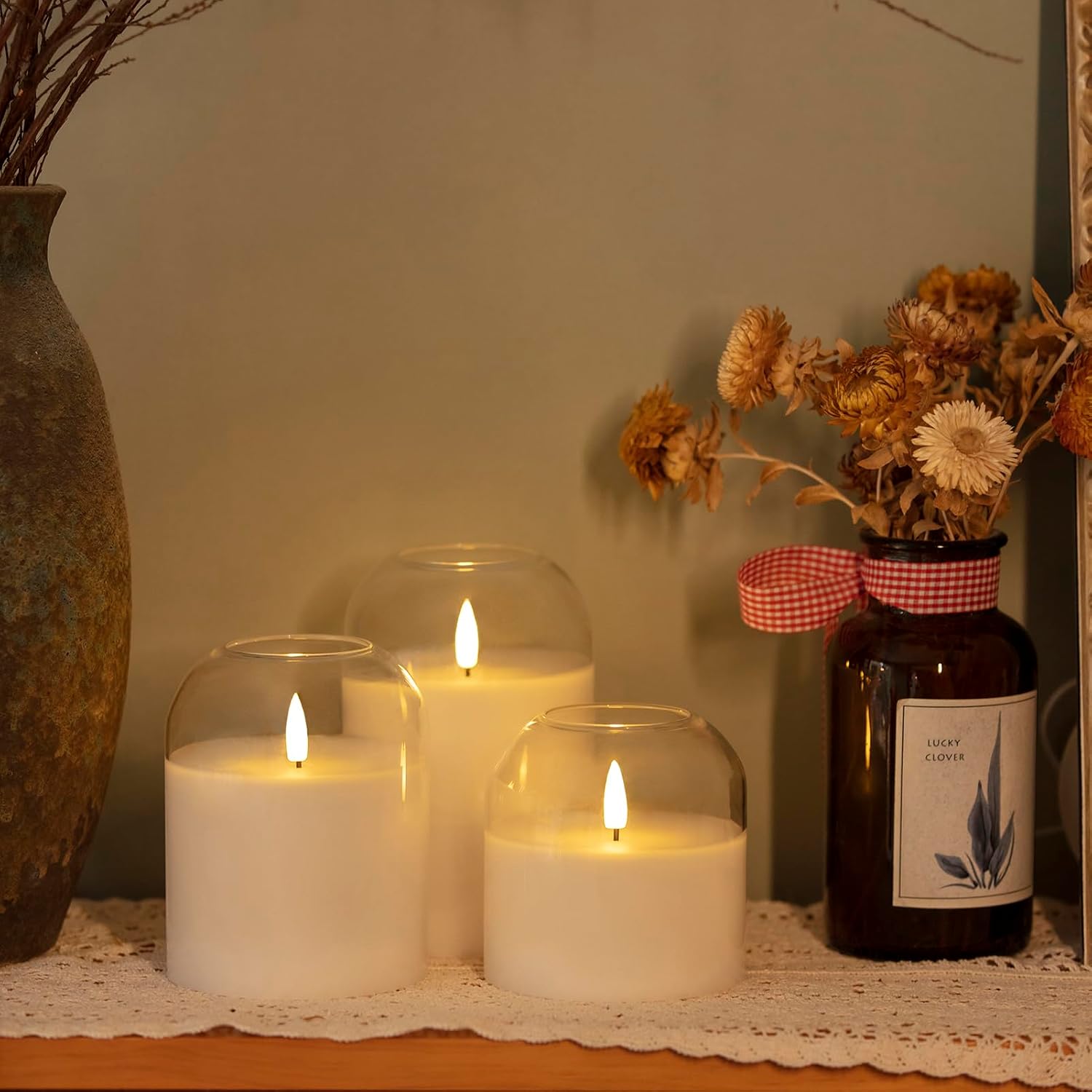 volnyus Clear Glass Flameless Candles with Remote Battery Operated Flickering LED Pillar Candles Real Wax Wick Φ 3" H
