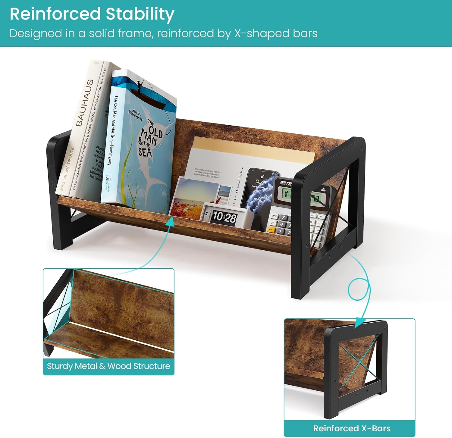 ELITEROO Desktop Bookshelf Organizer, Wood Slanted Desk Bookshelf, Small Tabletop Book Rack, Portable Mini Bookcase for