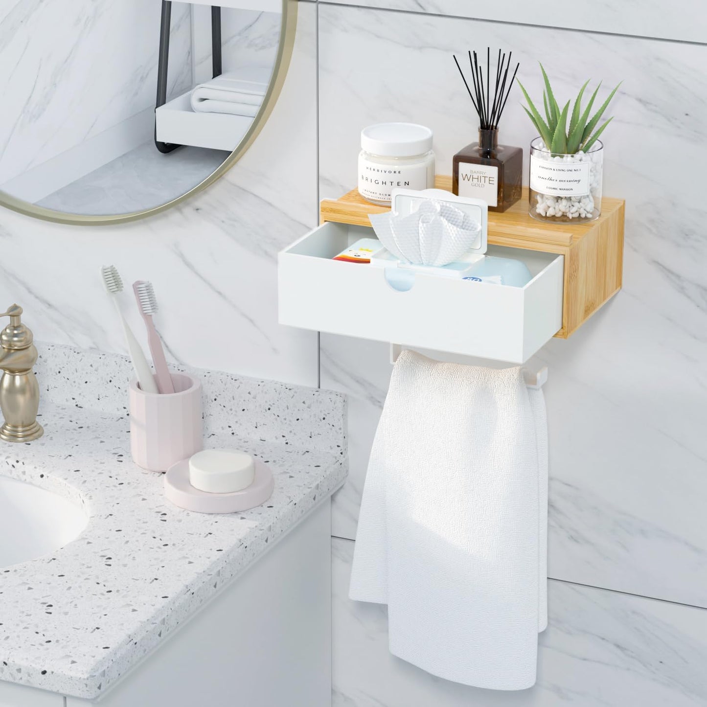 Domax Toilet Paper Holder with Shelf,Wall Mount/Adhesive Bathroom Toilet Paper Holder,Bamboo Wood Tissue Toilet Roll