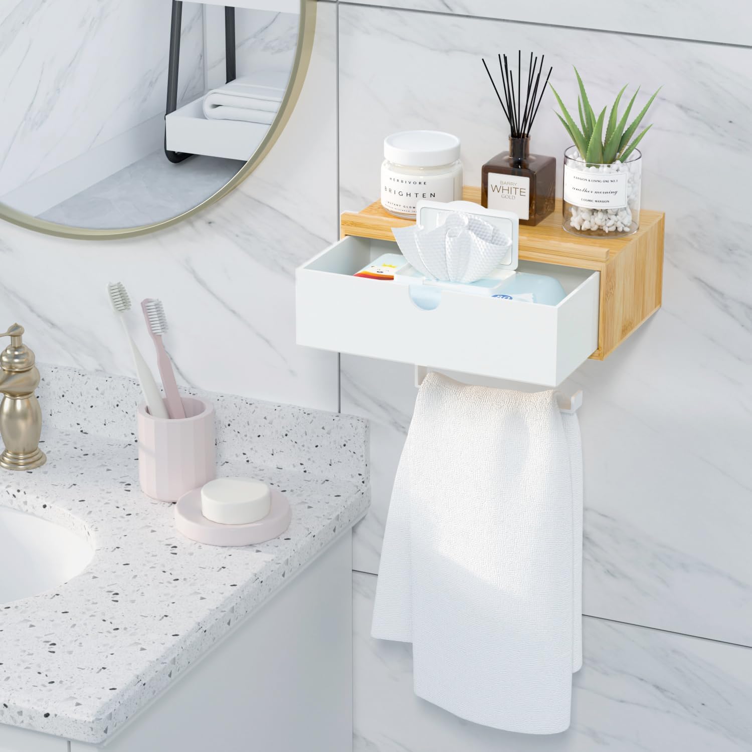 Domax Toilet Paper Holder with Shelf,Wall Mount/Adhesive Bathroom Toilet Paper Holder,Bamboo Wood Tissue Toilet Roll