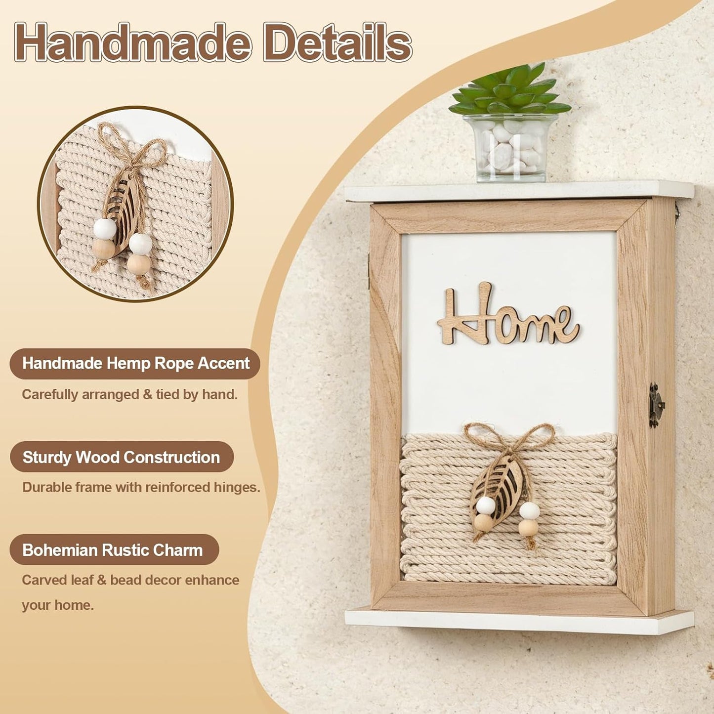 Rustic Wooden Key Holder Wall Mount Key Box / Natural Wood with Jute Rope