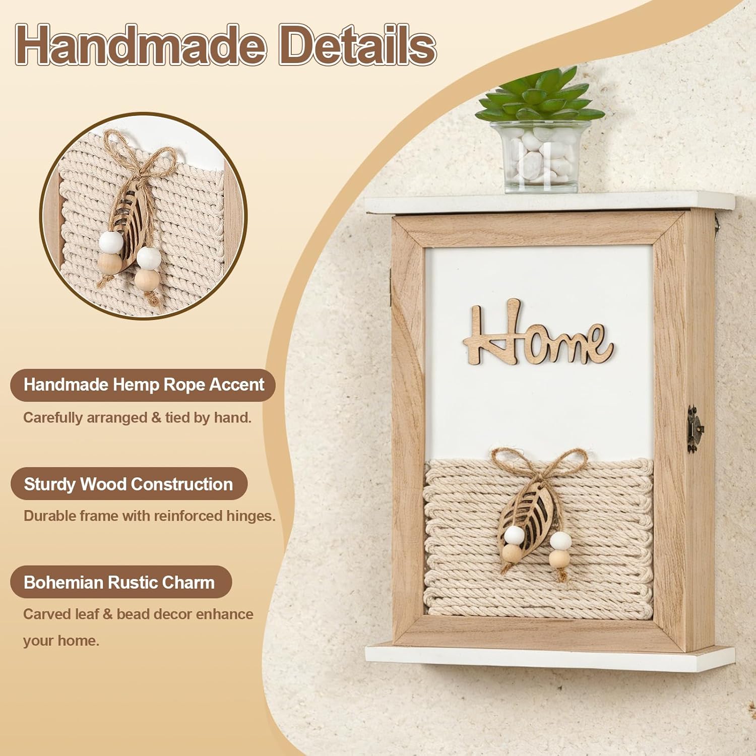 Rustic Wooden Key Holder Wall Mount Key Box / Natural Wood with Jute Rope