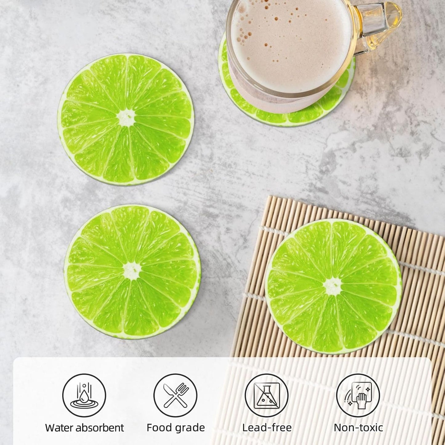 Funny Fruit Ceramic Coasters / Green Lime Lemon / Round / Set of 4