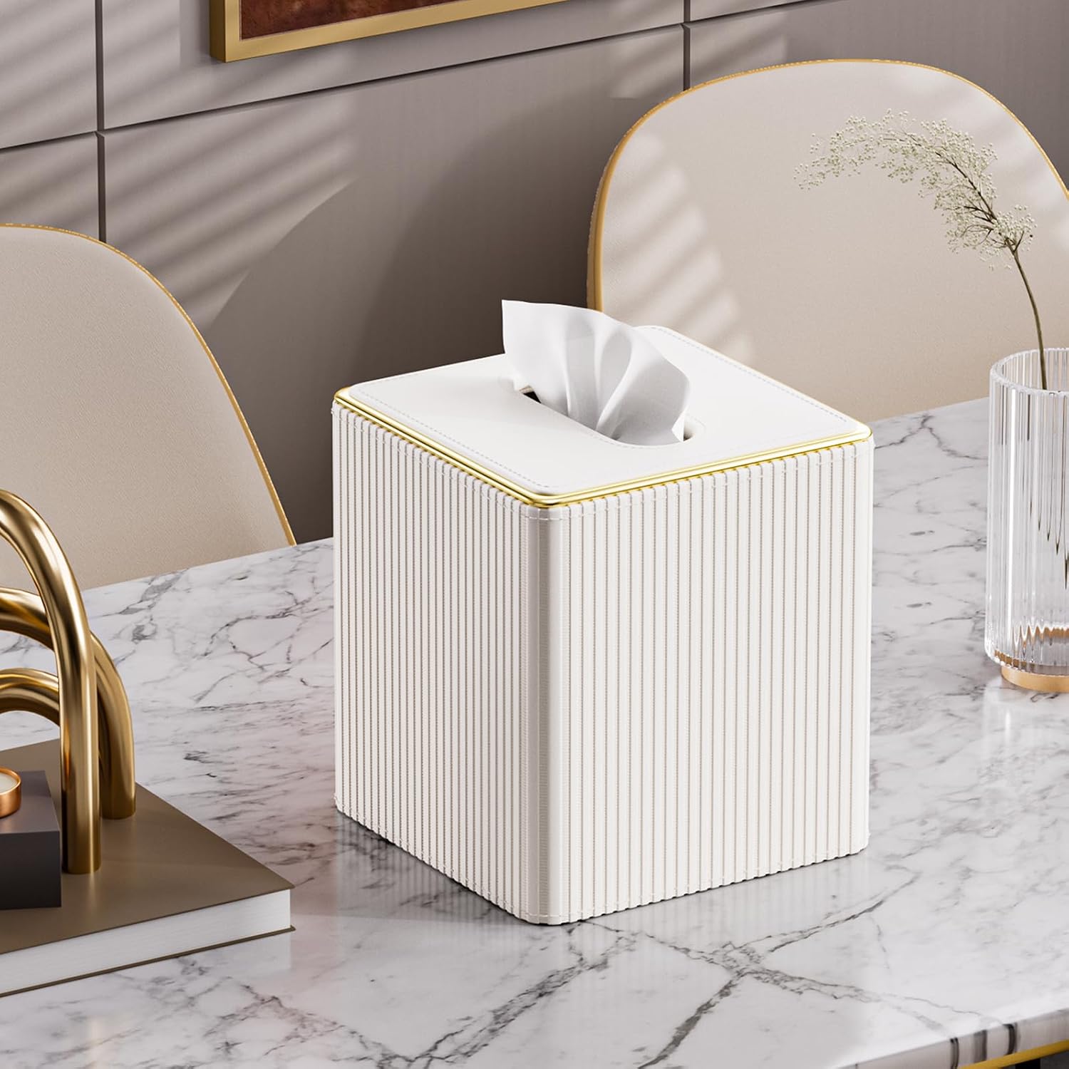 PU Leather Tissue Cover / Cream White / Square