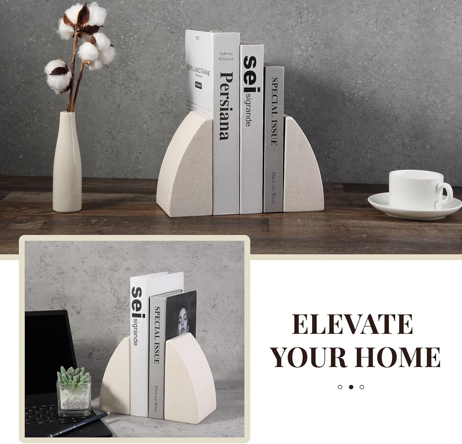 Marble Bookends / Large Bookends for Heavy Books / Sail-beige