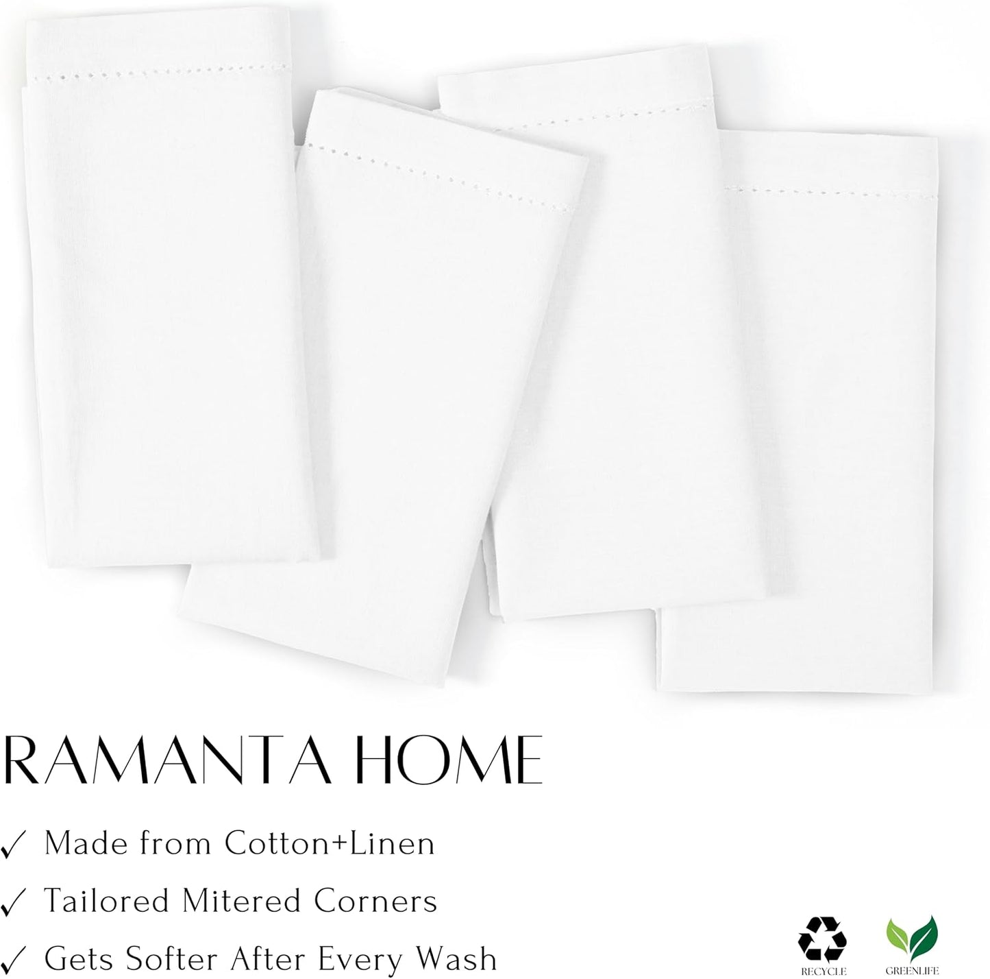 Ramanta Home Flax Linen Cloth Napkins Set of 12 20x20 Inches - White | Hemstitched Cotton Linen Blend Dinner Napkin