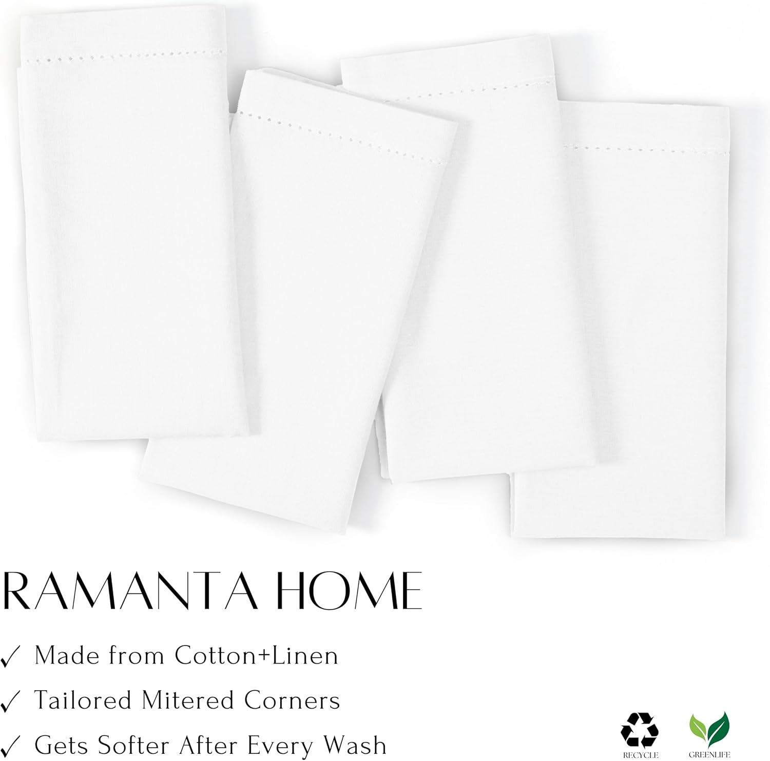 Ramanta Home Flax Linen Cloth Napkins Set of 12 20x20 Inches - White | Hemstitched Cotton Linen Blend Dinner Napkin