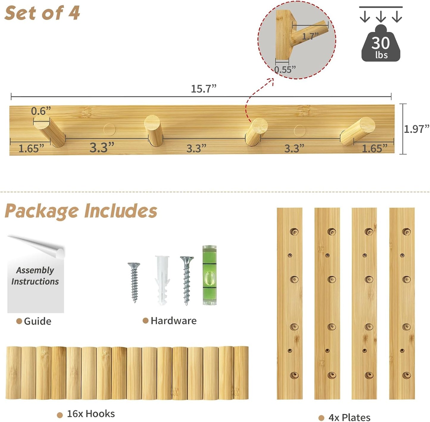 Forbena Natural Wood Coat Rack Wall Mount Set of 4, Wooden Wall Hooks for Bathroom Towels, Vertical Coat Hanger for