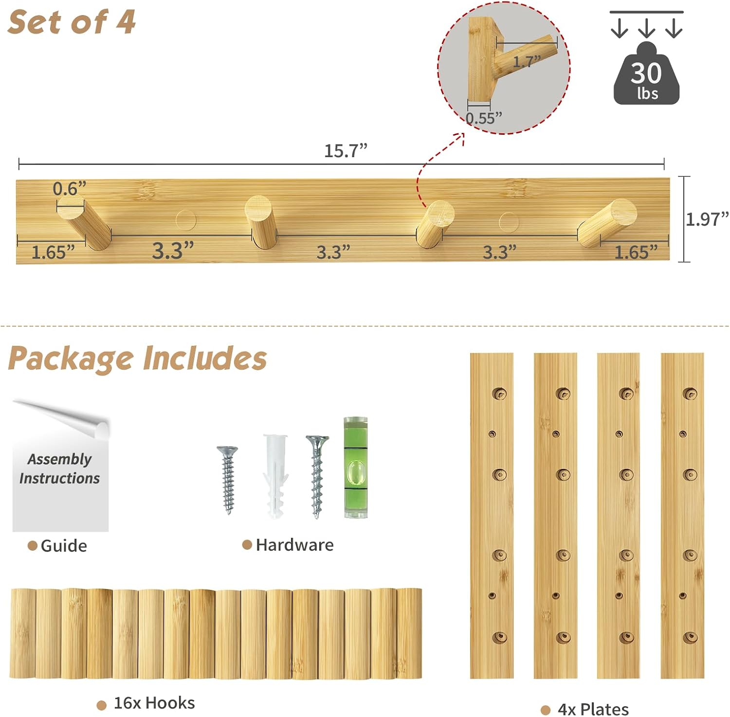 Forbena Natural Wood Coat Rack Wall Mount Set of 4, Wooden Wall Hooks for Bathroom Towels, Vertical Coat Hanger for