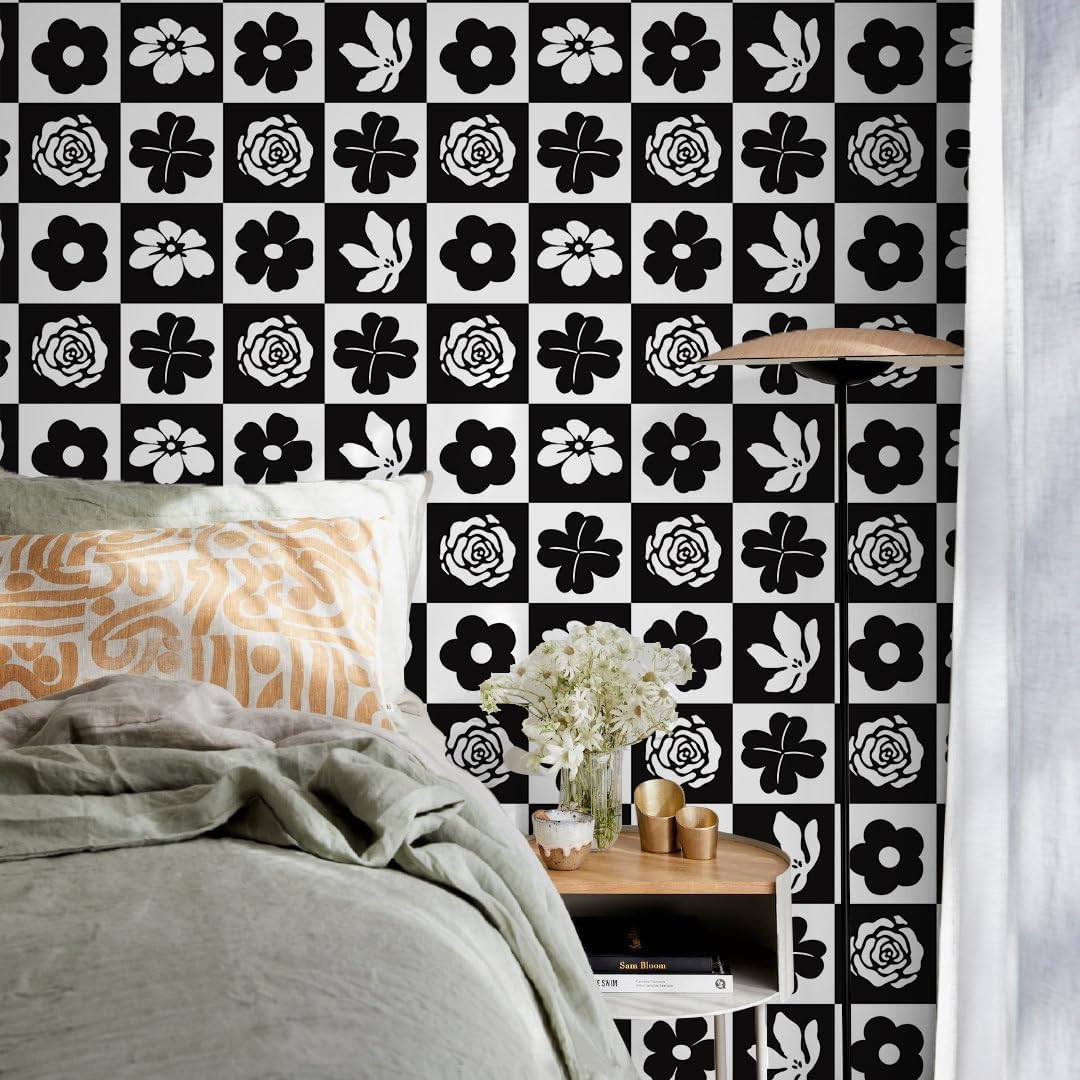 Black and White Wallpaper Peel and Stick Checkerboard Plaid Contact Paper / 17.3 x 196 / Black/white