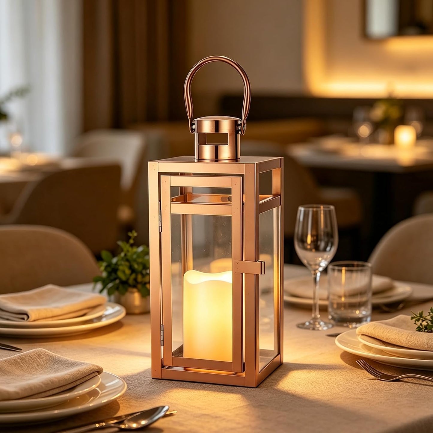 TRIROCKS Stainless Steel Decorative Lantern 12'' High Metal Candle Holder with Tempered Glass Perfect for Home Decor