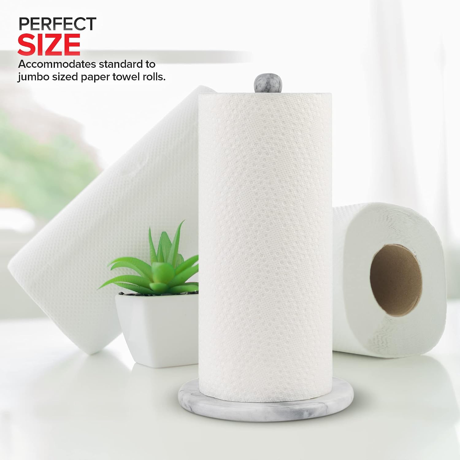 Modern Innovations Marble Paper Towel Holder Countertop Stand in White, for Kitchen and Bathroom, Heavy-Weight