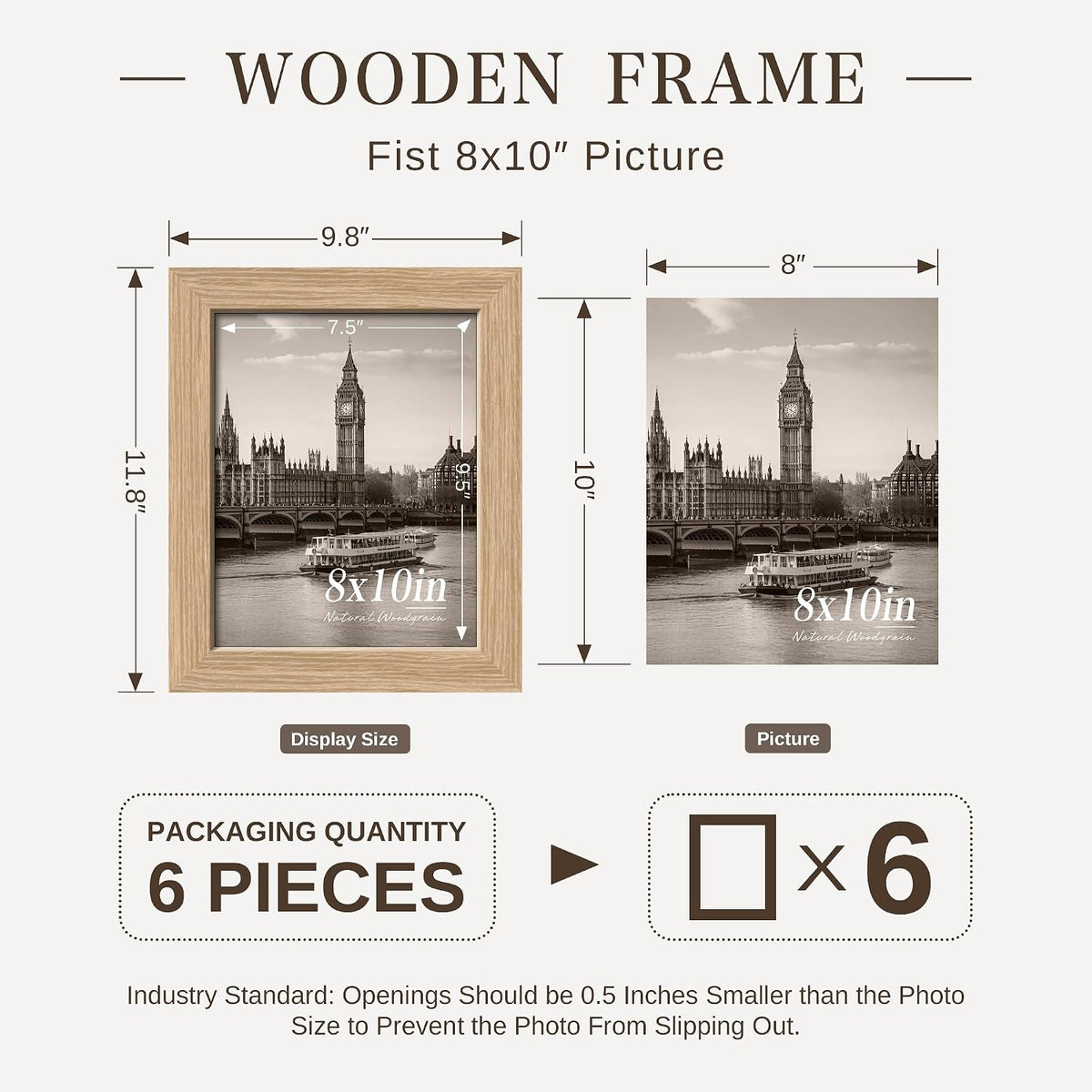 VCK 8x10 Picture Frame Set of 6, Elegant Oak Wood Portrait Frame | 1.1in Wide Border, Tabletop/Wall Hanging, HD