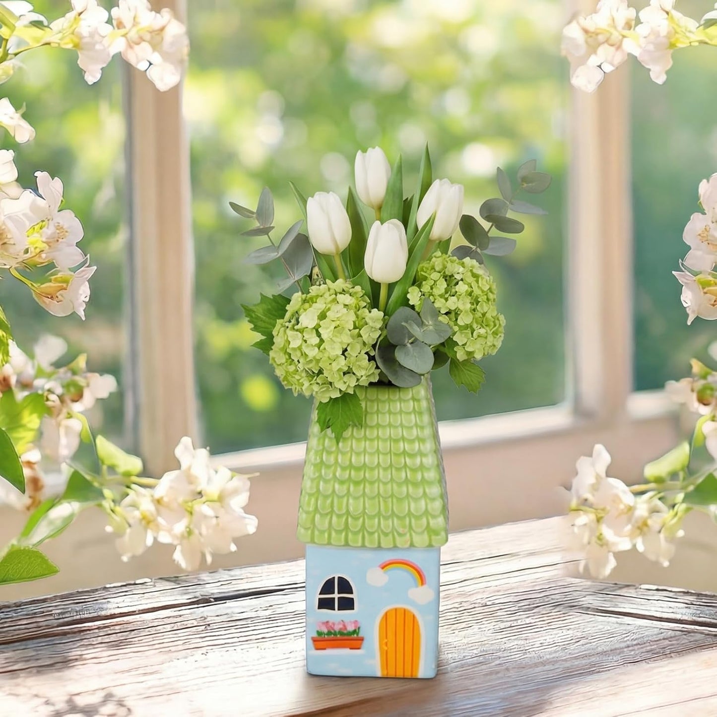 Ceramic House Shape Vase Mini Handmade Vase Decorative Small Flower Container / Green / 2.4 x 3.8