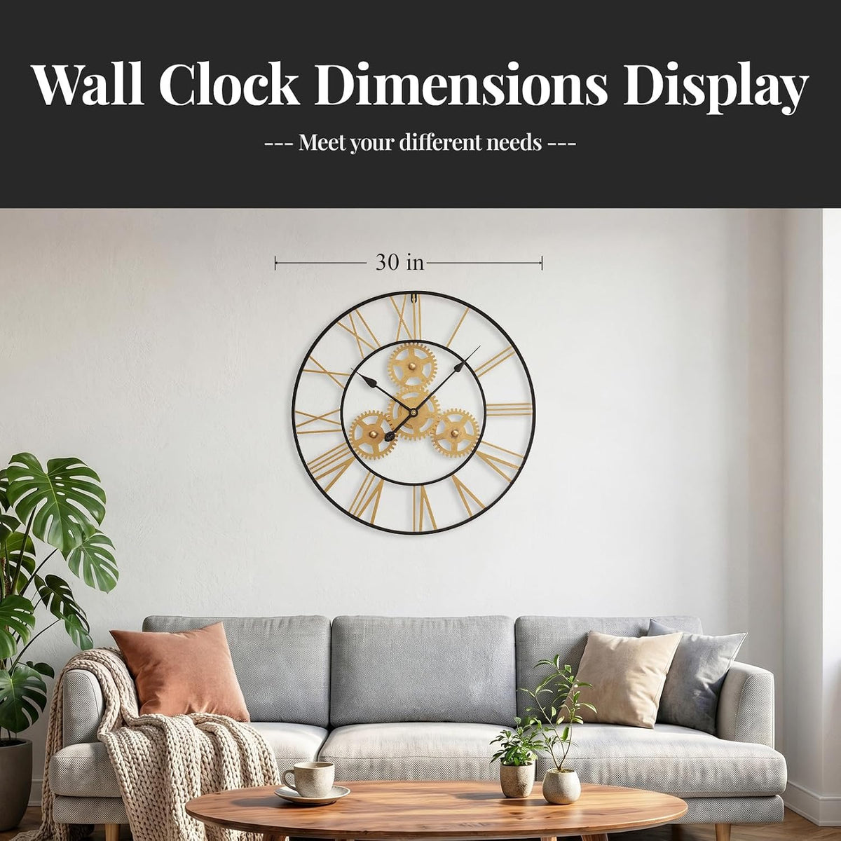 Cuspin 24 Inch Wall Clock Black Gold Industrial Metal Gear Decorative Clock | Silent non ticking, battery operated