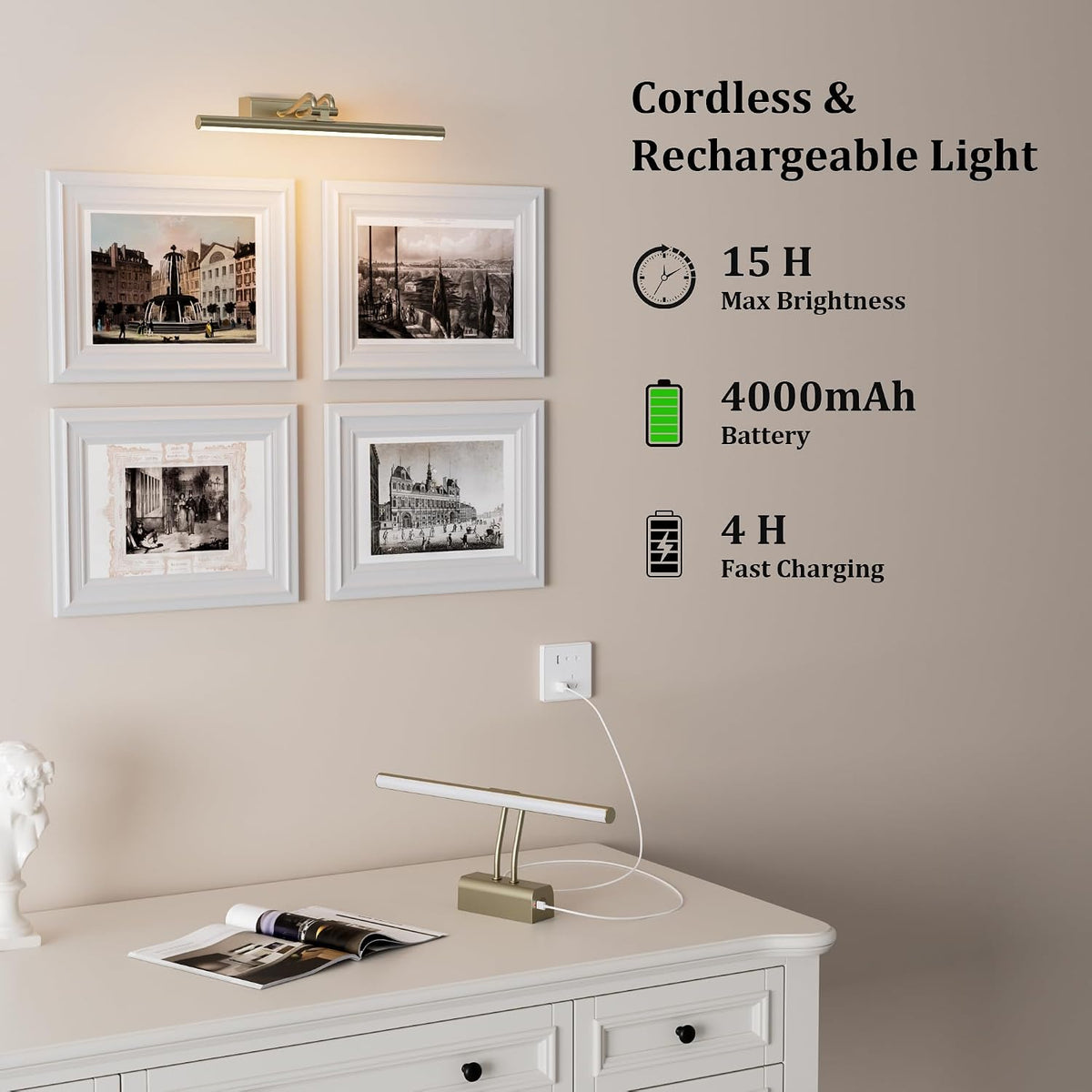 Picture Light for Wall, Antique Brass, 13.8", Remote Control | 4000mAh Cordless,Wall Light, Magnetic for Easy to