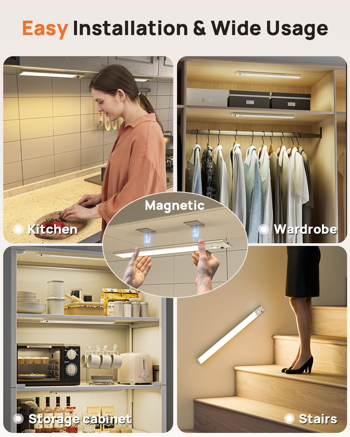 16inch Under Cabinet Lighting Wireless 2 Pack, Motion Sensor Light Indoor | 4000mAh Rechargeable LED Closet Lights with