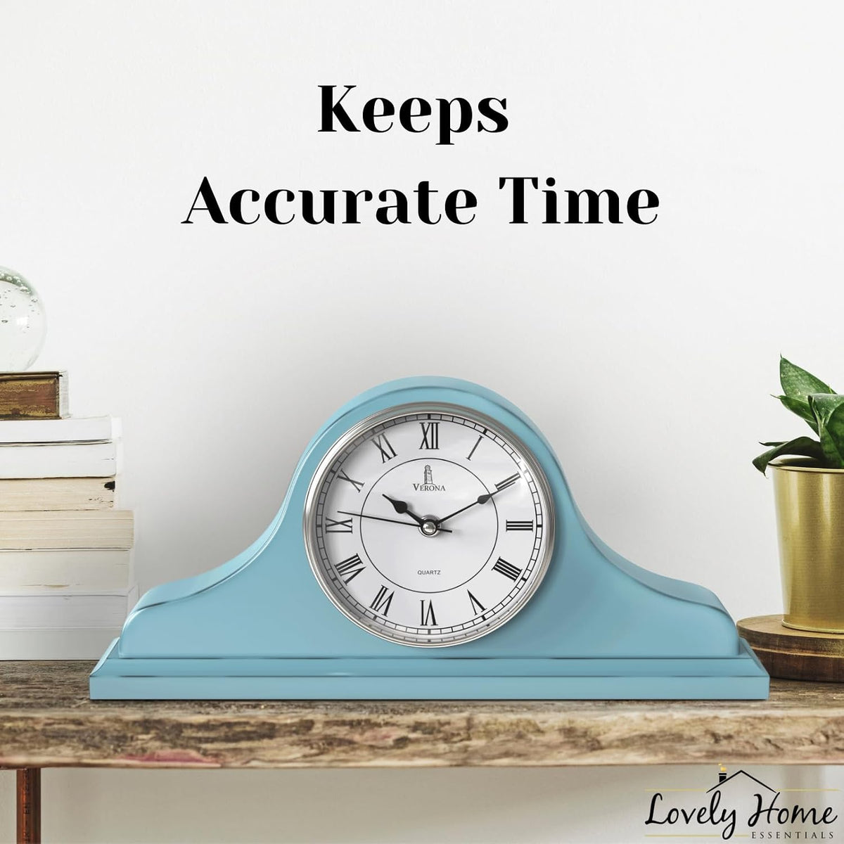 Mantel Clock for Fireplace, Teal Wooden Farmhouse Silent Mantle Clock | Solid Wood Non-Chiming Battery Operated Clock