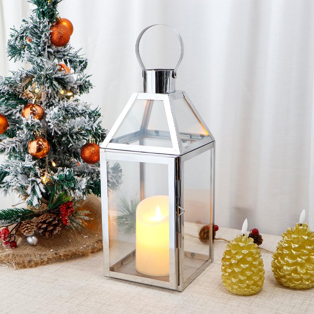 JHY Design Silver Decorative Lanterns 16inch High Stainless Steel Candle Lanterns with Tempered Glass for Indoor