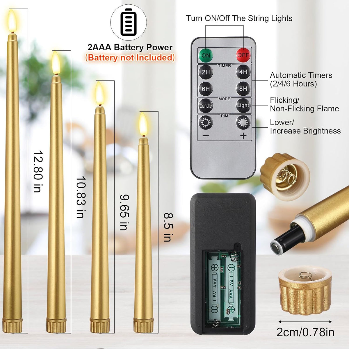 Rossesay 28 Pcs Flameless Taper Candles with Timer Remote 4 Sizes of 8.5", 9.6", 10.83", 12.8" LED Flickering Taper