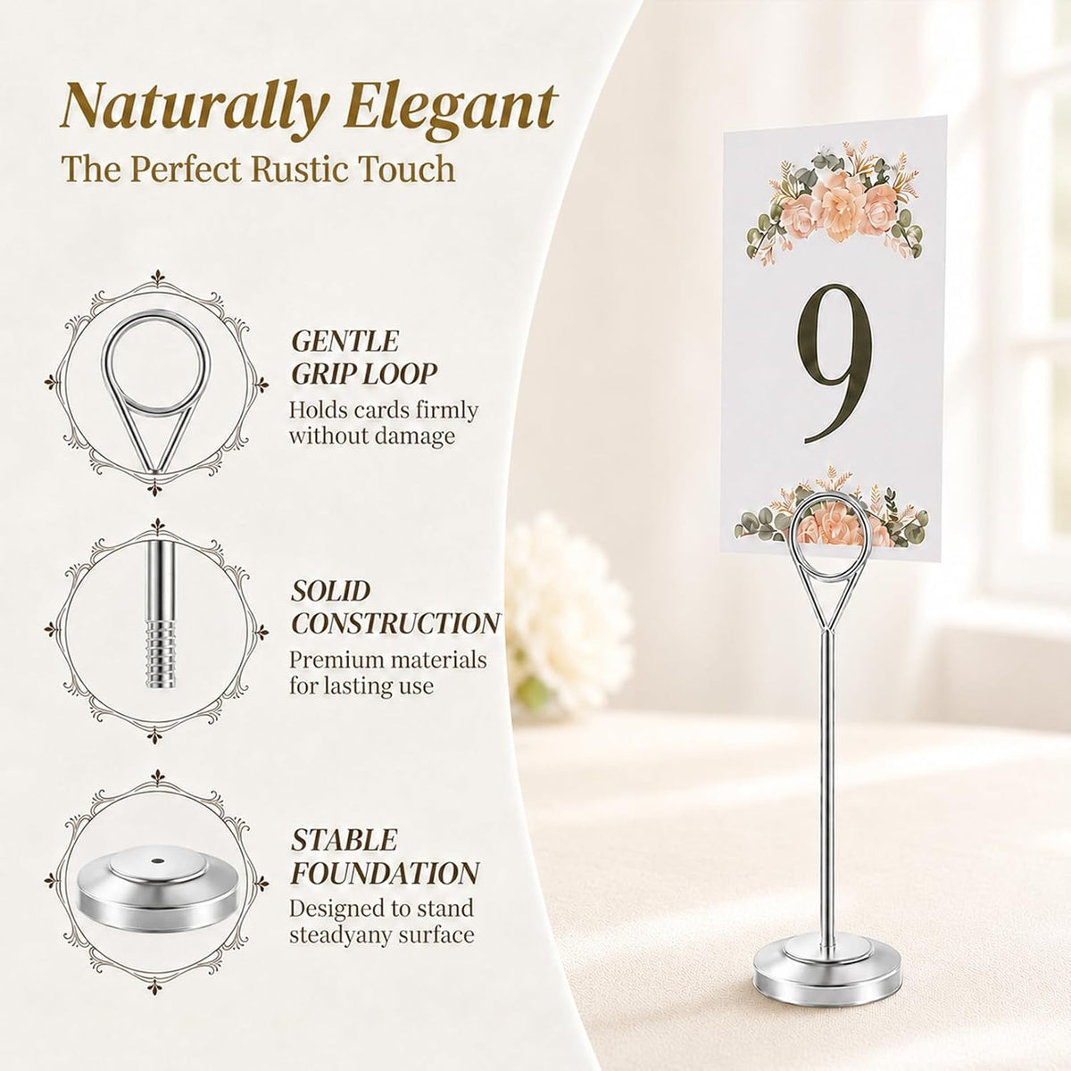 Radezon 12 Pcs Silver Table Number Holders, 6 Inch Tall Place Card Holders for Table, Sturdy Photo Picture Holders with