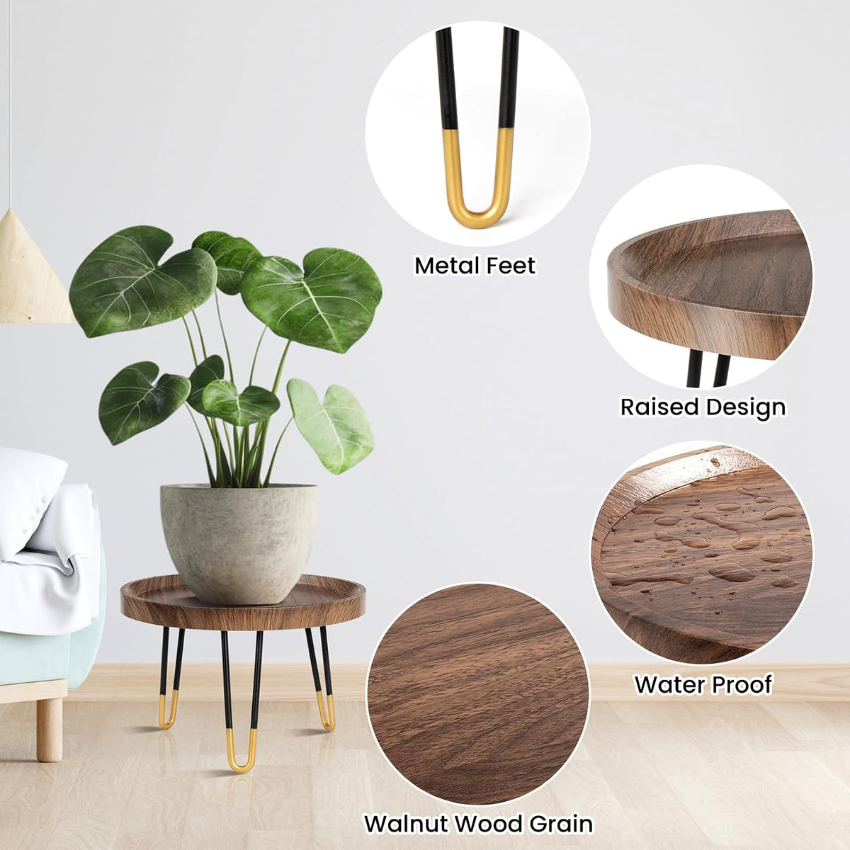 OBTAIN Plant Stand Indoor Outdoor,3 Set Mid Century Style Walnut Wood Color Plant Stand,Waterproof Design Modern Plant