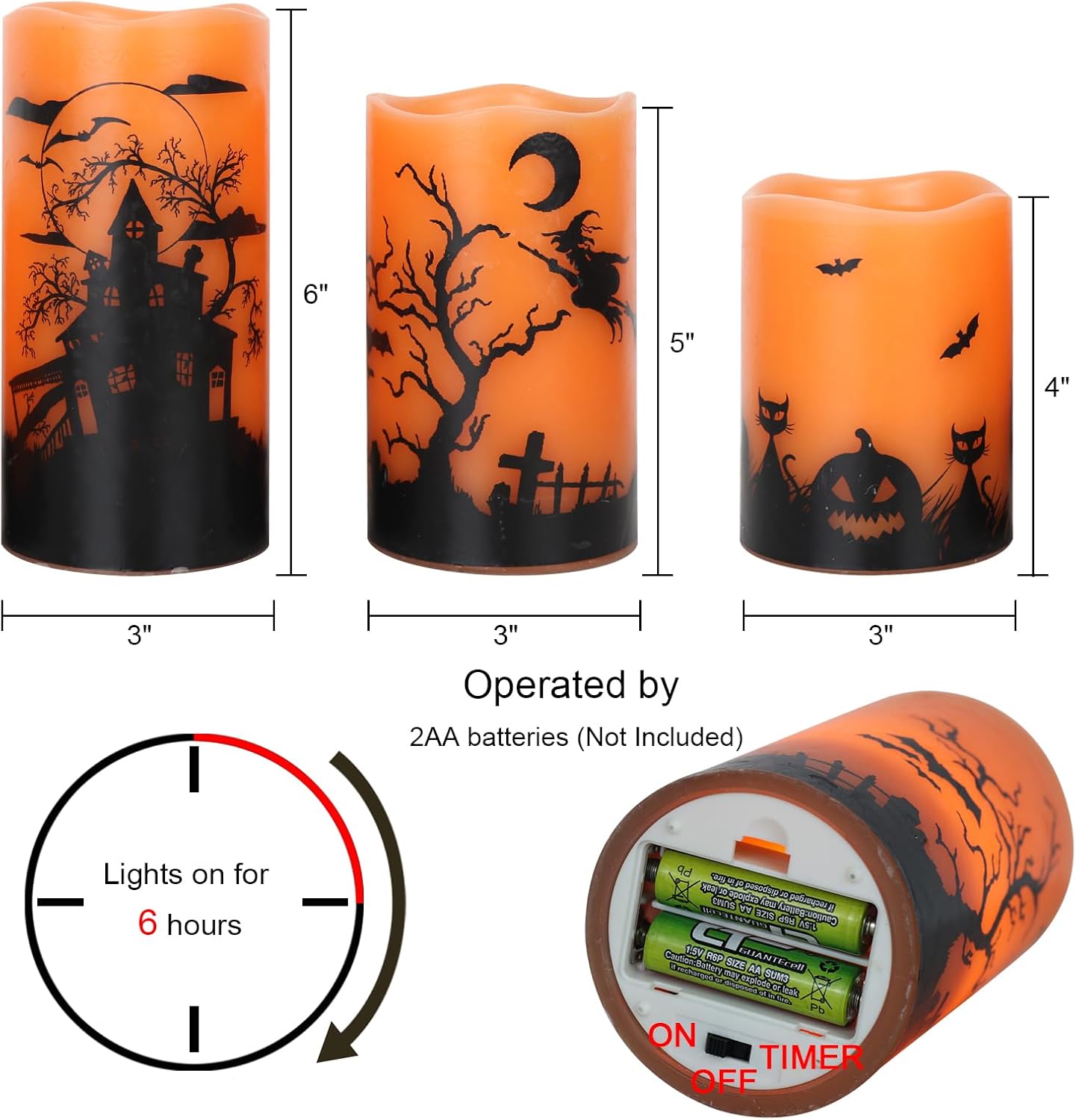 GenSwin Halloween Candles with Timer, Flickering Flameless Candles Battery Operated, 3 Pack Real Wax Pillar Candles for