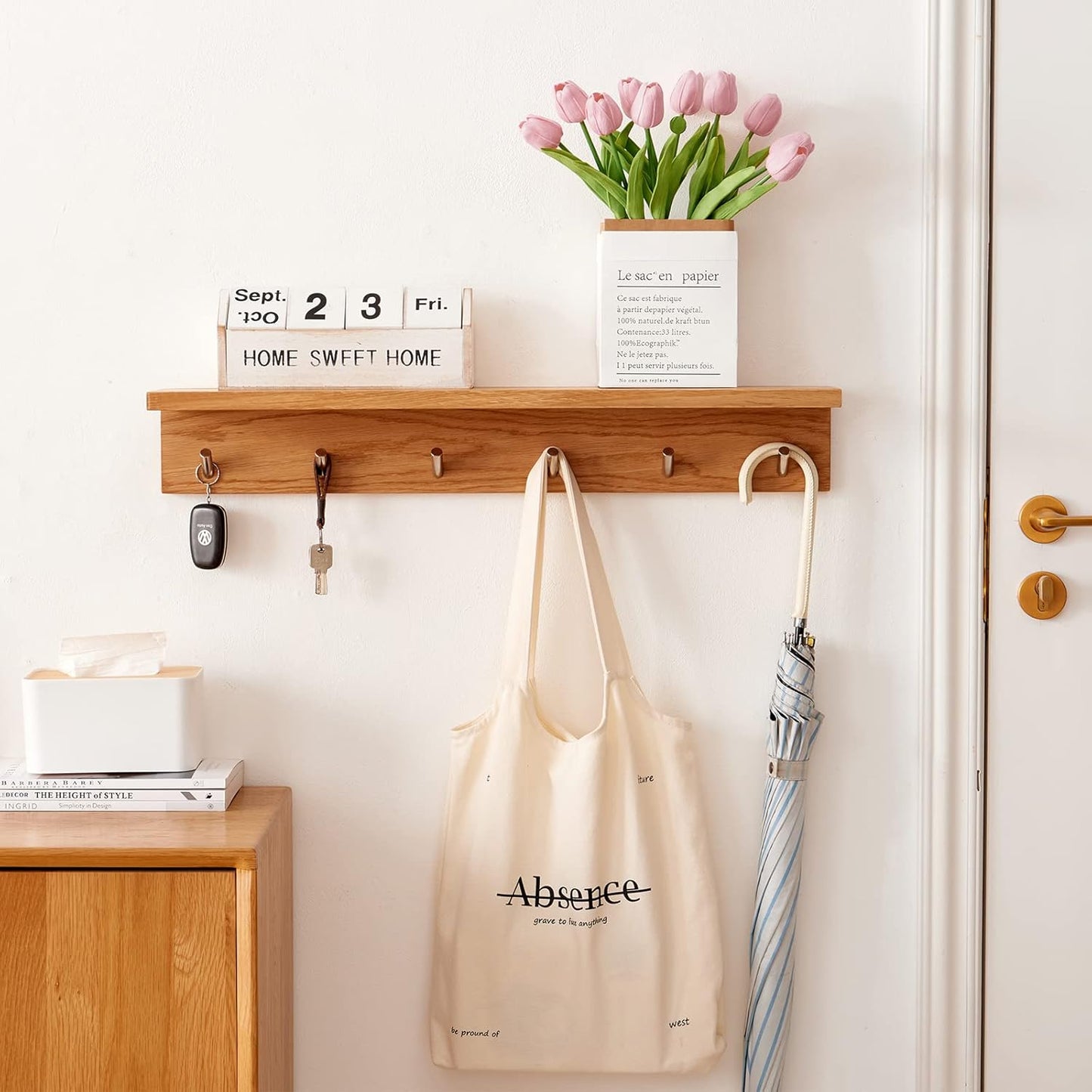 Coat Rack Shelf Wall Mounted Oak Wood Entryway Shelf with 5 Hooks Wall Coat Hook Rack with Floating Shelf for Bedroom