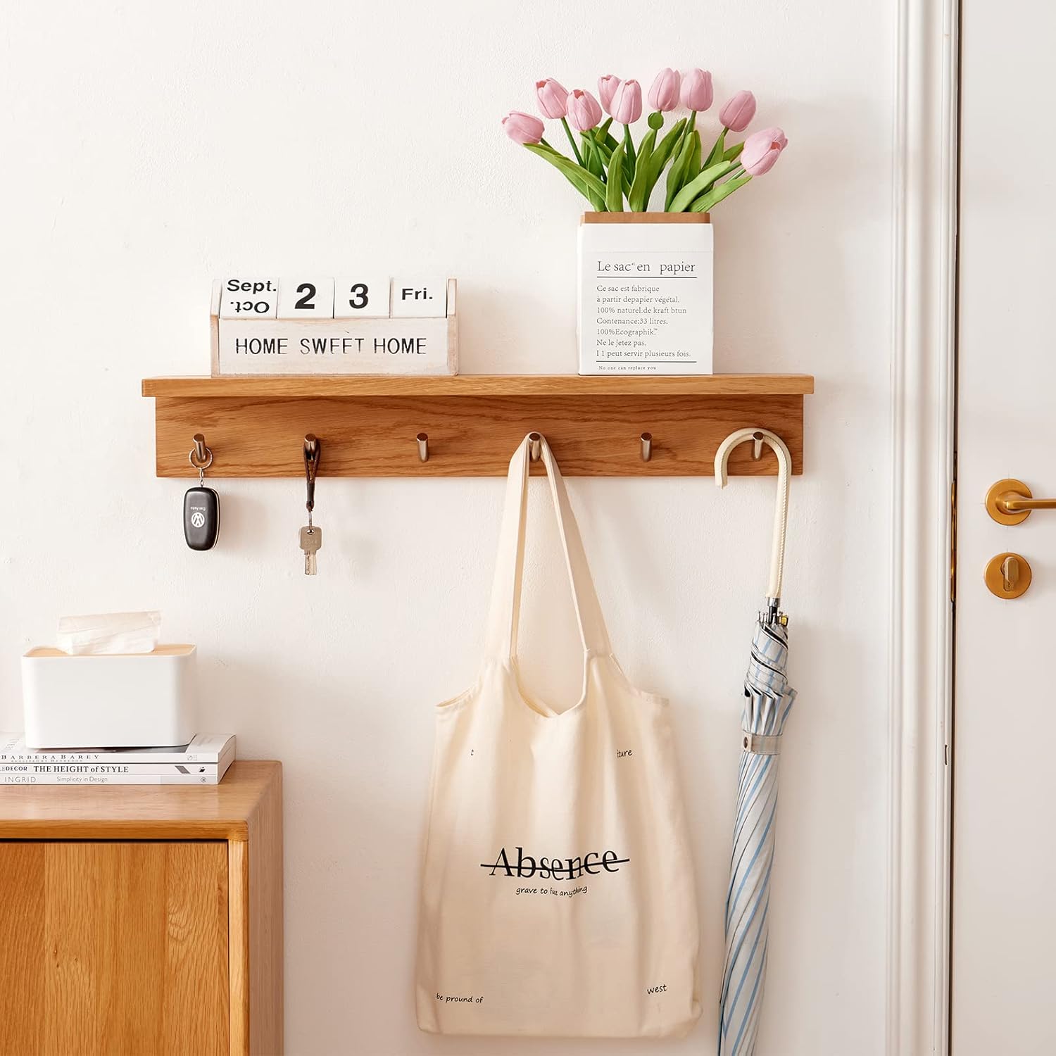 Coat Rack Shelf Wall Mounted Oak Wood Entryway Shelf with 5 Hooks Wall Coat Hook Rack with Floating Shelf for Bedroom