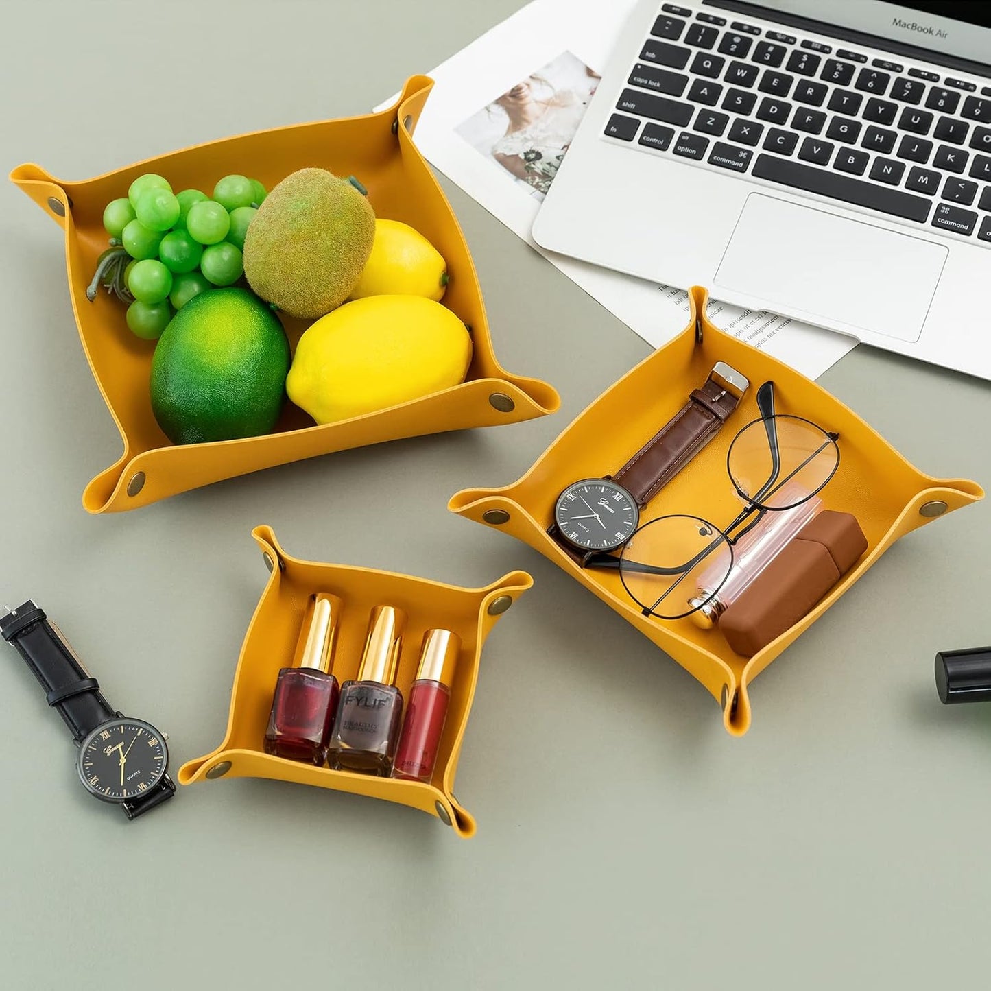3 packs PU Leather Tray in 3 Sizes Jewelry Tray Glossy Leather Desk Organizer Leather / Yellow