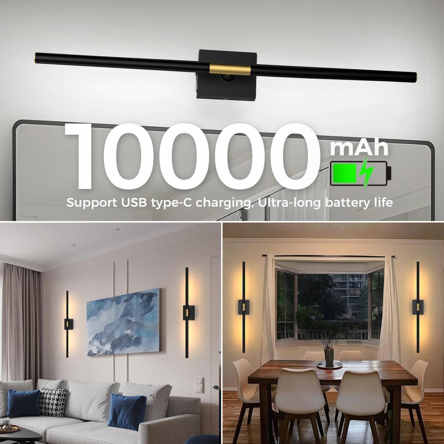 Battery Operated Wall Sconces Set of 2, 10000mAh, Black | Detachable rechargeable battery, 31.5" wireless lighting for