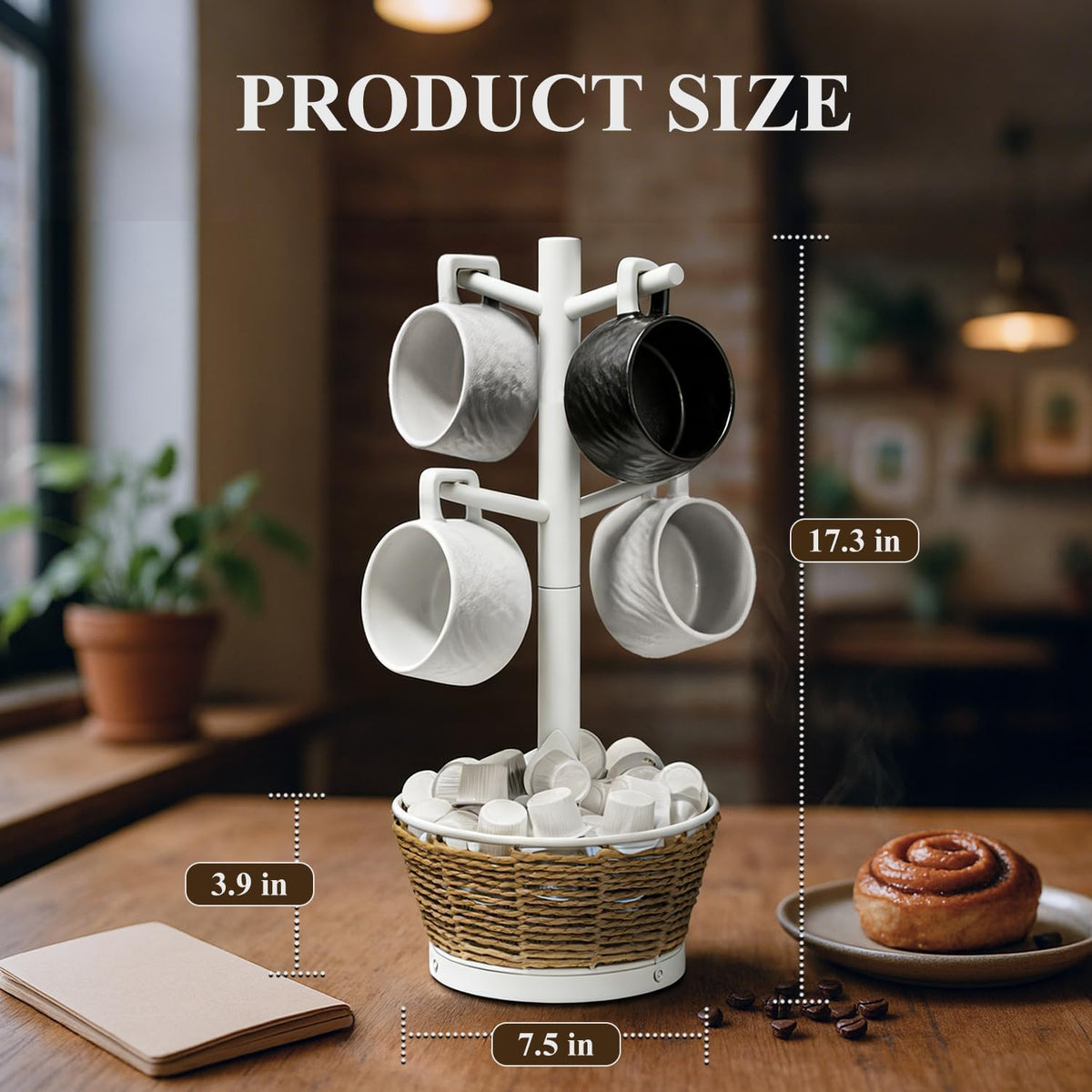 Wood Mug Holder Tree with Woven Basket, 4 Hooks Coffee Mug Holder, Countertop Mug Tree for Kitchen Counter Cabinet