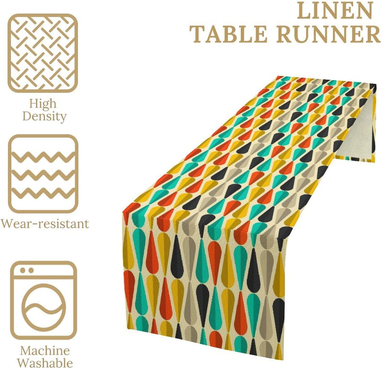 Mid Century Table Runner, Abstract Aesthetic Geometric Mid Century Retro Modern Patterns Printed Linen Table Runner for