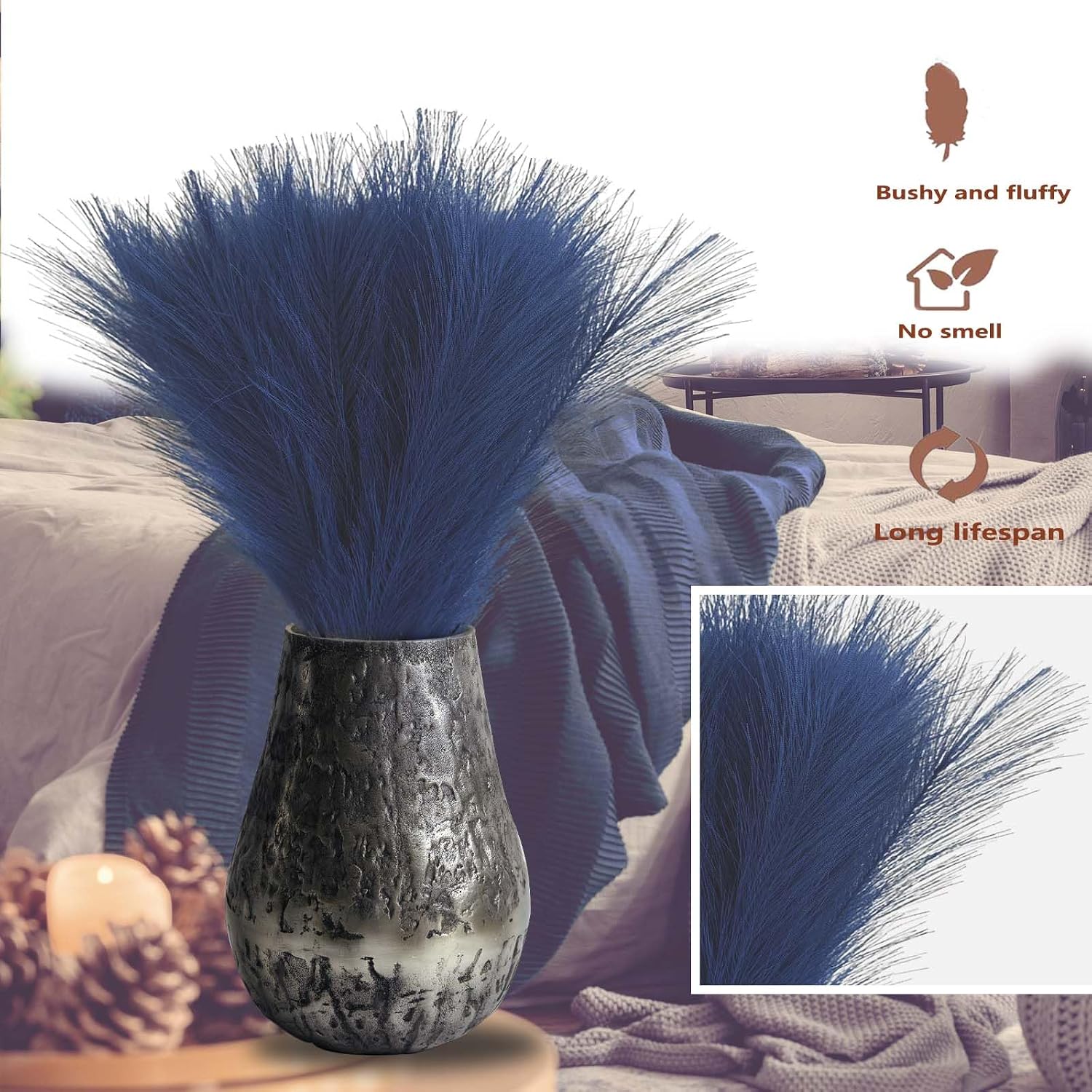 17" Navy Flowers Short Fluffy Artificial Faux Pampas Grass Stems / Blue / Set of 30
