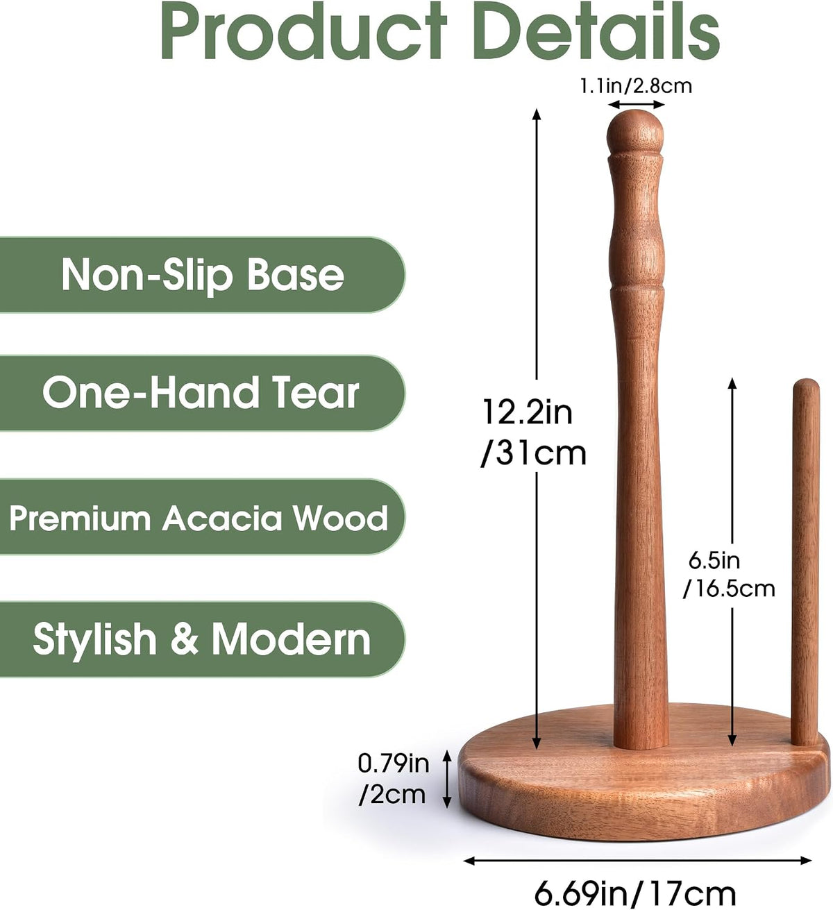 Farmhouse Acacia Wood Paper Towel Holder Countertop, Weighted Base for Kitchen & Bathroom, One-Handed Operation, Wooden