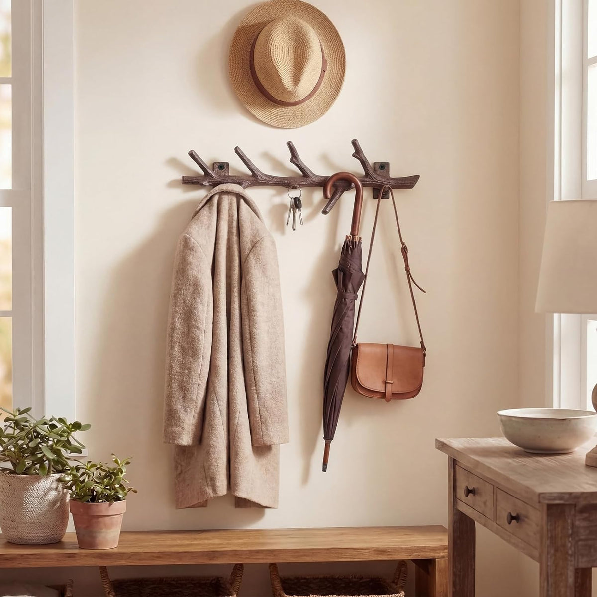 12" Cast Iron Tree Branch Vertical Coat Hat Rack Wall Mount Heavy Duty Decorative Coat Hook Rustic Hanger for Coats