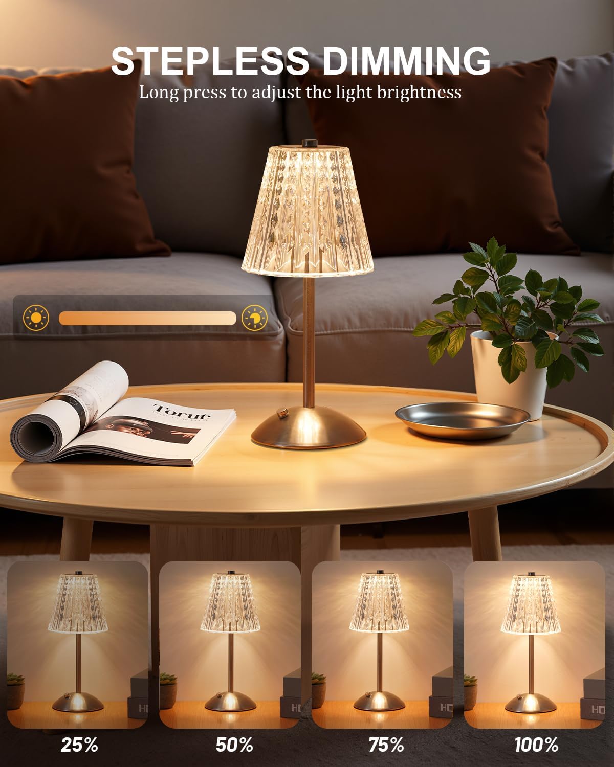 Nusogon Cordless Touch Table Lamp, LED Rechargeable Small Dask Lamp | 3 Colors Dimmable Silver Battery Operated Crystal