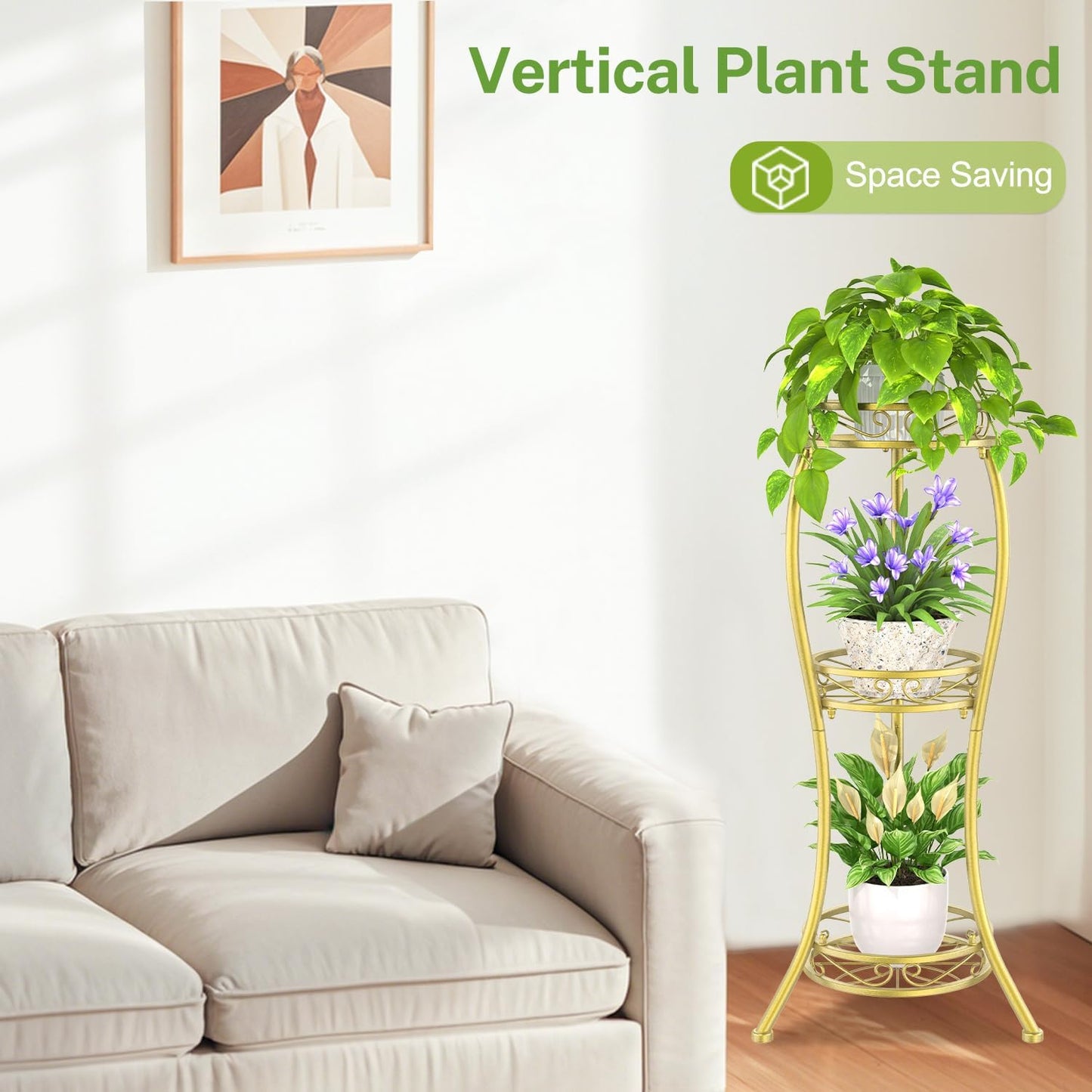 iDavosic.ly 3 Tier Metal Plant Stand Outdoor Indoor, 34 Inch Tall, Gold | Corner Flower Pot Holder Shelf, Wrought Iron