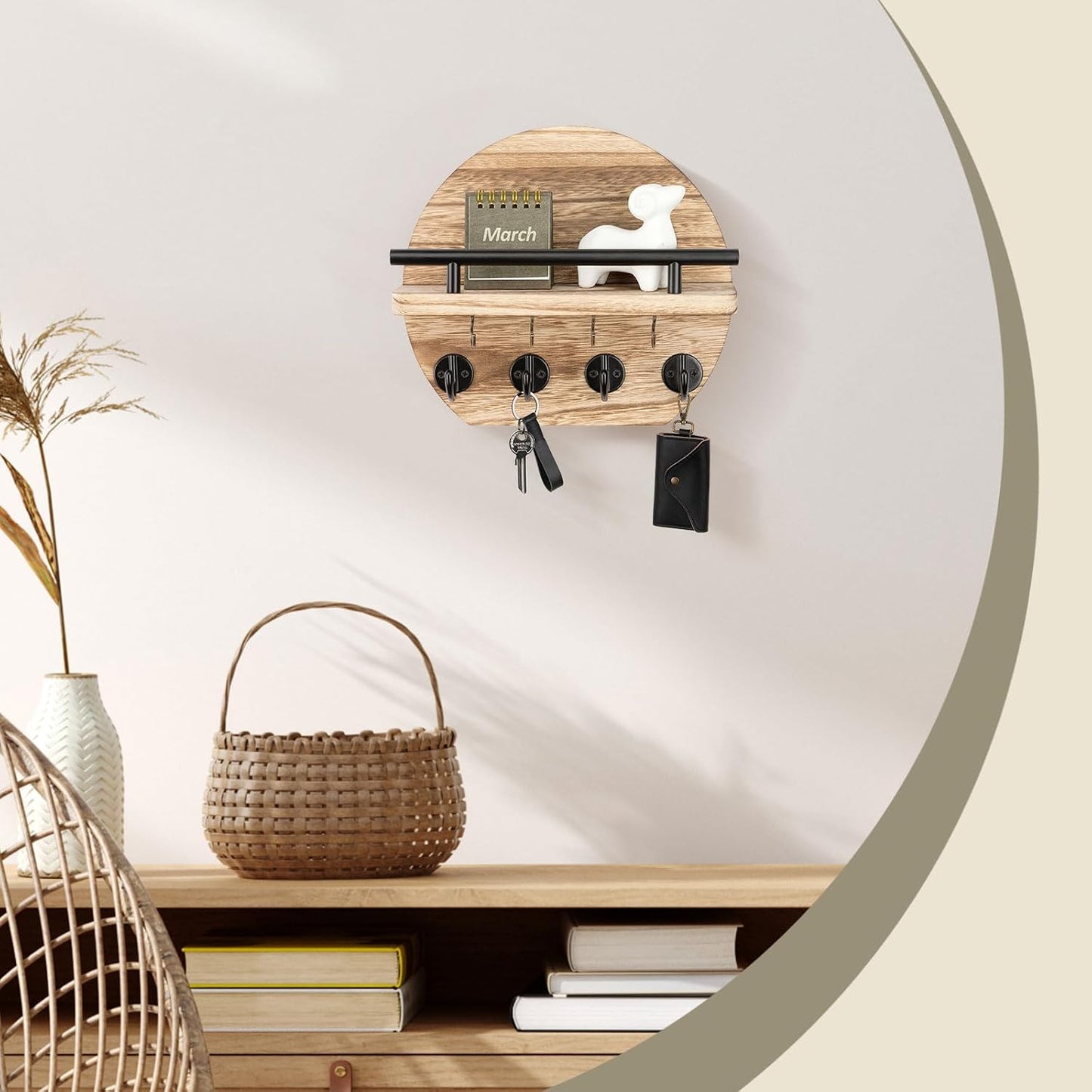 Key Holder / Shelf and 8 Key Hooks / Wood / 9.8 Inch