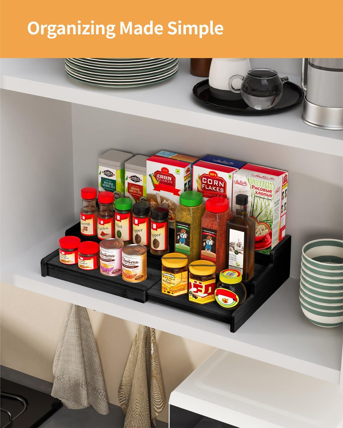 Spice Rack 3-Tier Natural Bamboo, Adjustable Cabinet Organizer Shelf | Expands 8.7-15.6"cabinets. Stepped design