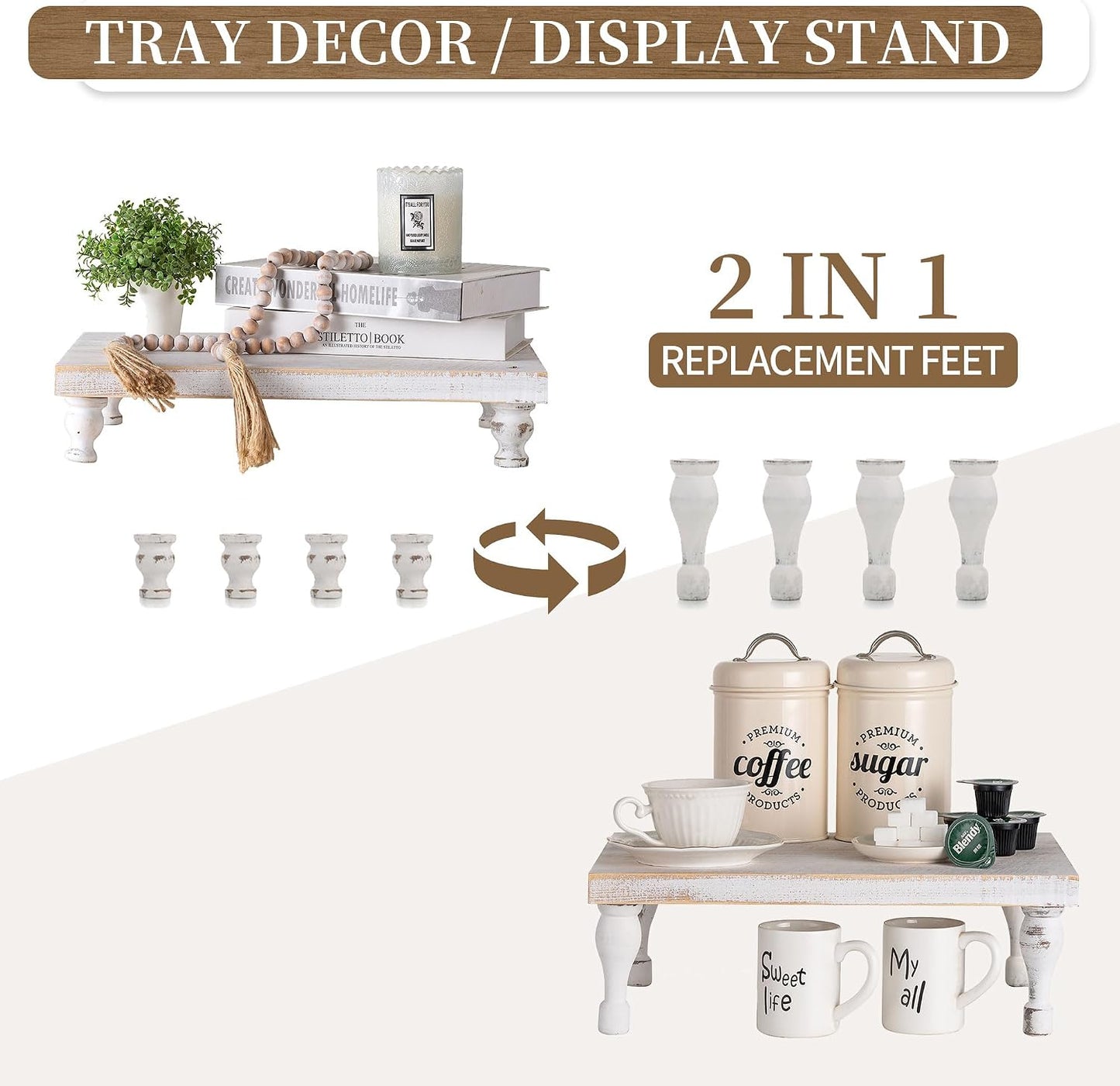 Wooden Riser Decorative Tray / Whitewash