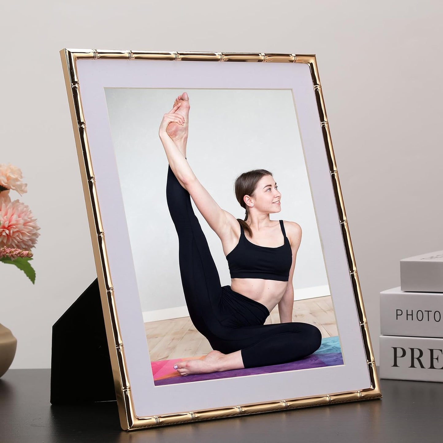 YiPinYin 10x12'' Dark Gold Metal Bamboo Detail Picture Frame with Acid Free Mat for 8x10'' Set of 2,Elegant Narrow Gold