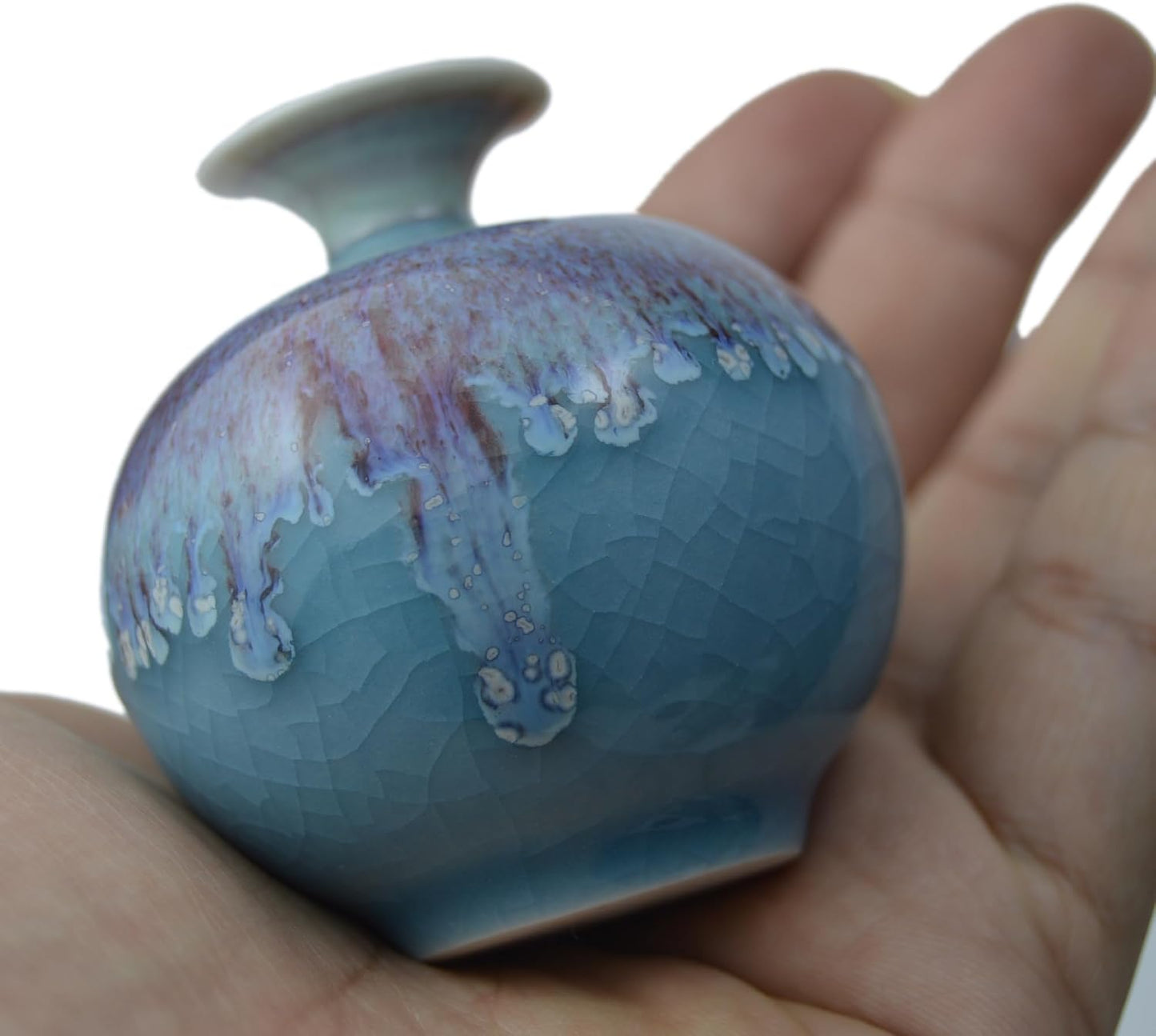 Handcrafted Drop Glaze Crackle Ice Pattern Porcelain Mini Tiny Round Bulbous / Fatball, Lake Blue