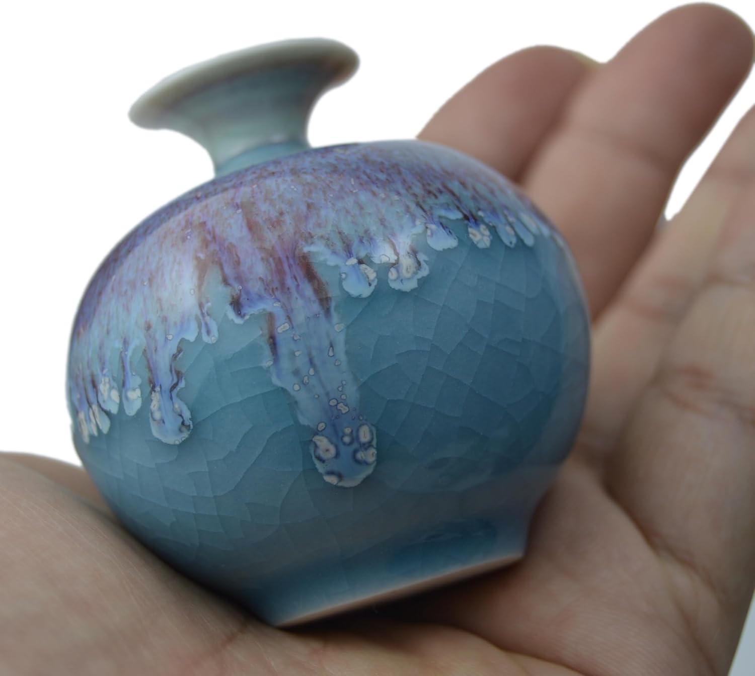 Handcrafted Drop Glaze Crackle Ice Pattern Porcelain Mini Tiny Round Bulbous / Fatball, Lake Blue