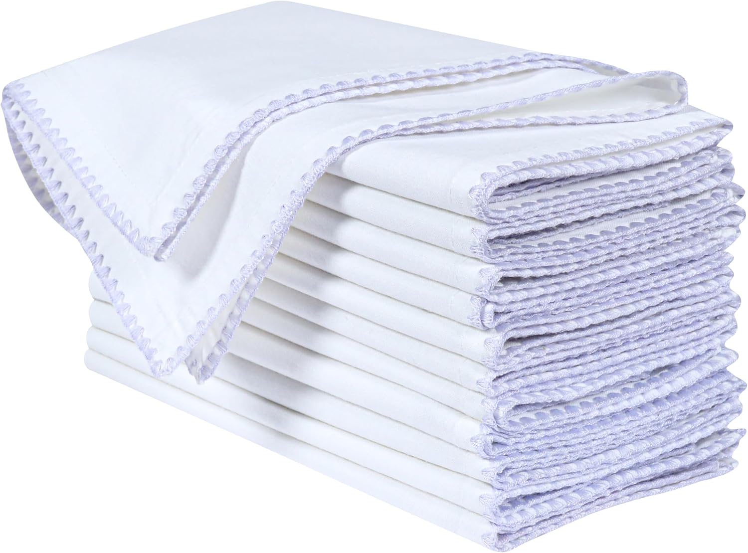 Bedding Craft Cotton Cloth Dinner Napkins Set of 12 – 18x18 Lavender Blue Napkins with Colored Edge Embroidery –