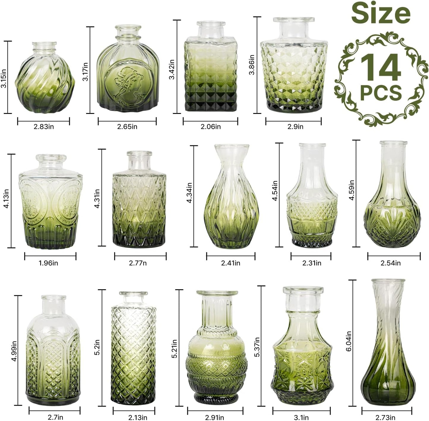 Clear Glass Bud Vase Pcs / Gradient Green / Set of 14