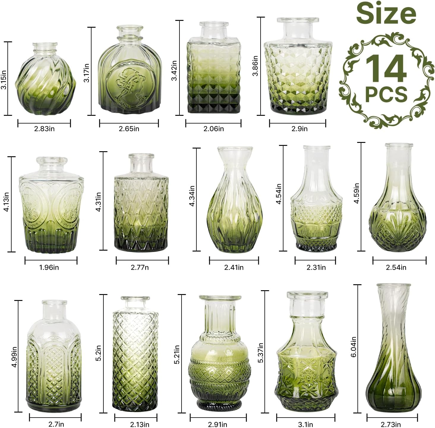 Clear Glass Bud Vase Pcs / Gradient Green / Set of 14